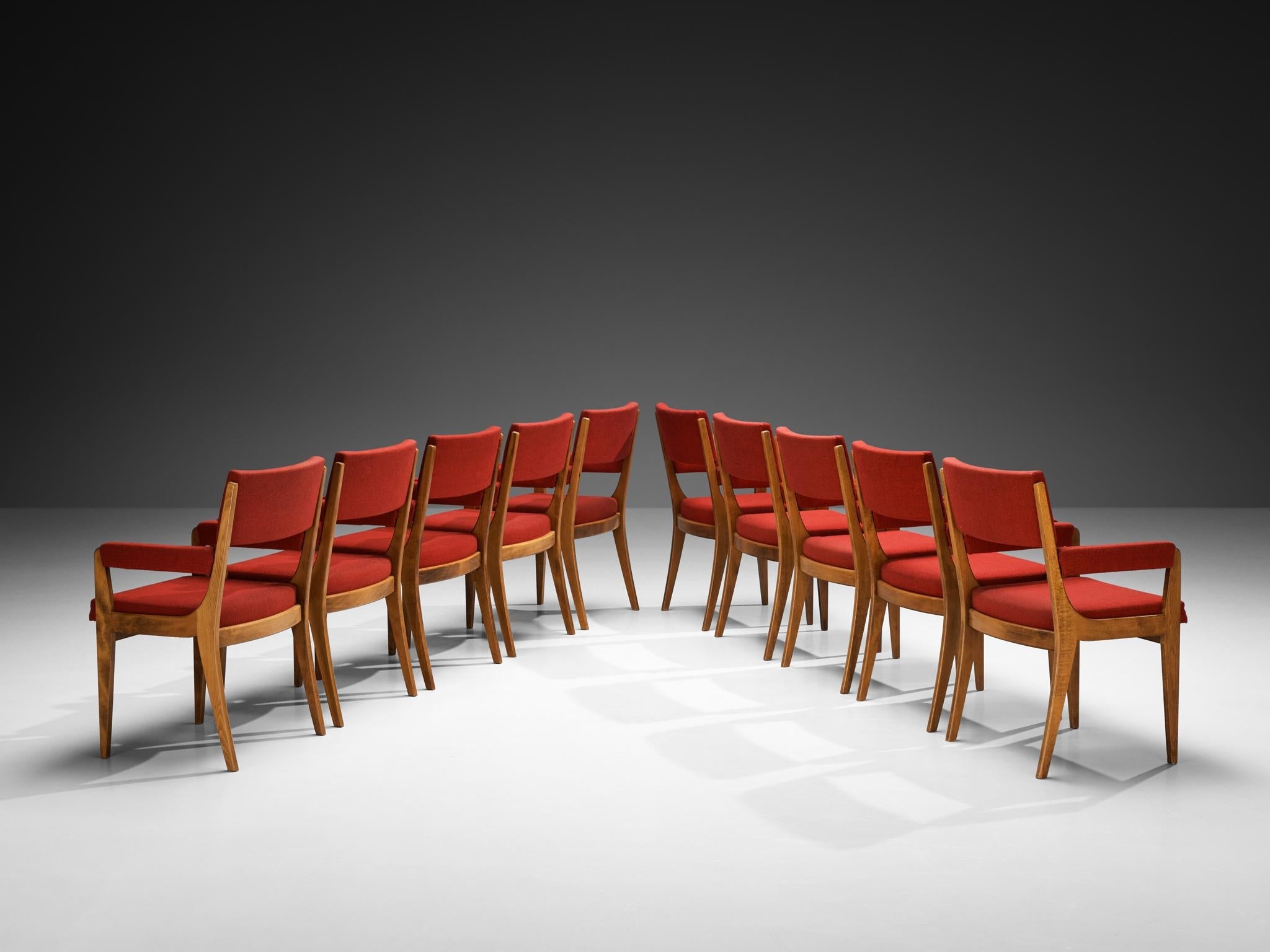 Mid-Century Modern French Set of Ten Dining Armchairs in Wood & Red Fabric