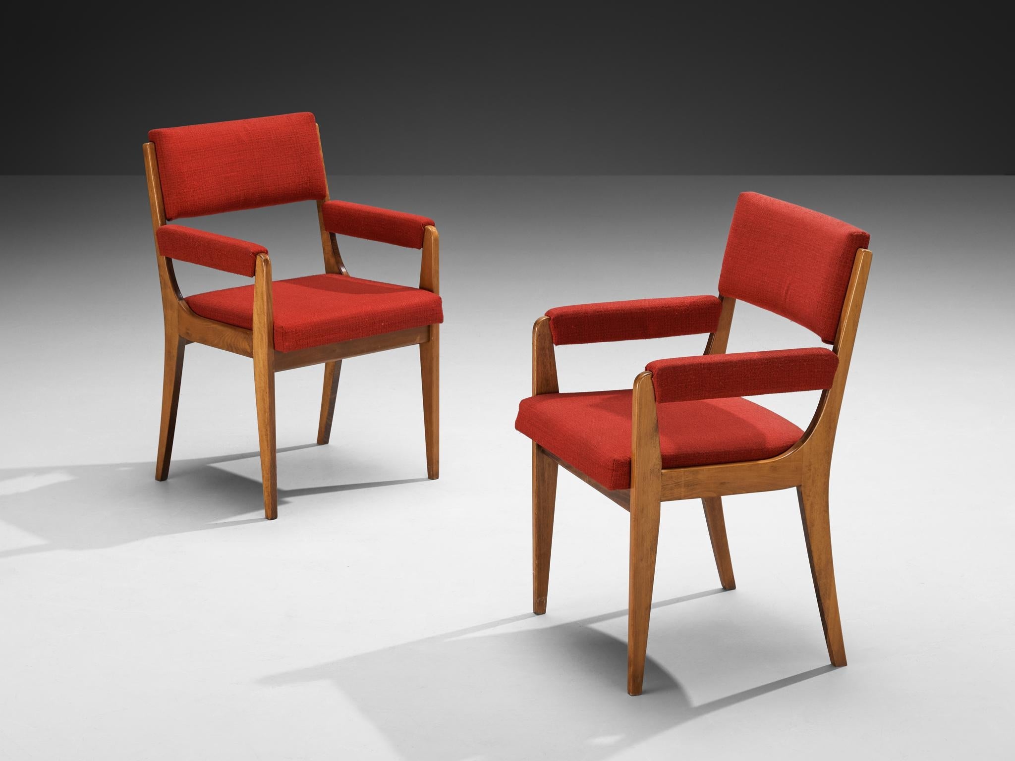 Mid-Century Modern French Set of Ten Dining Armchairs in Wood & Red Fabric