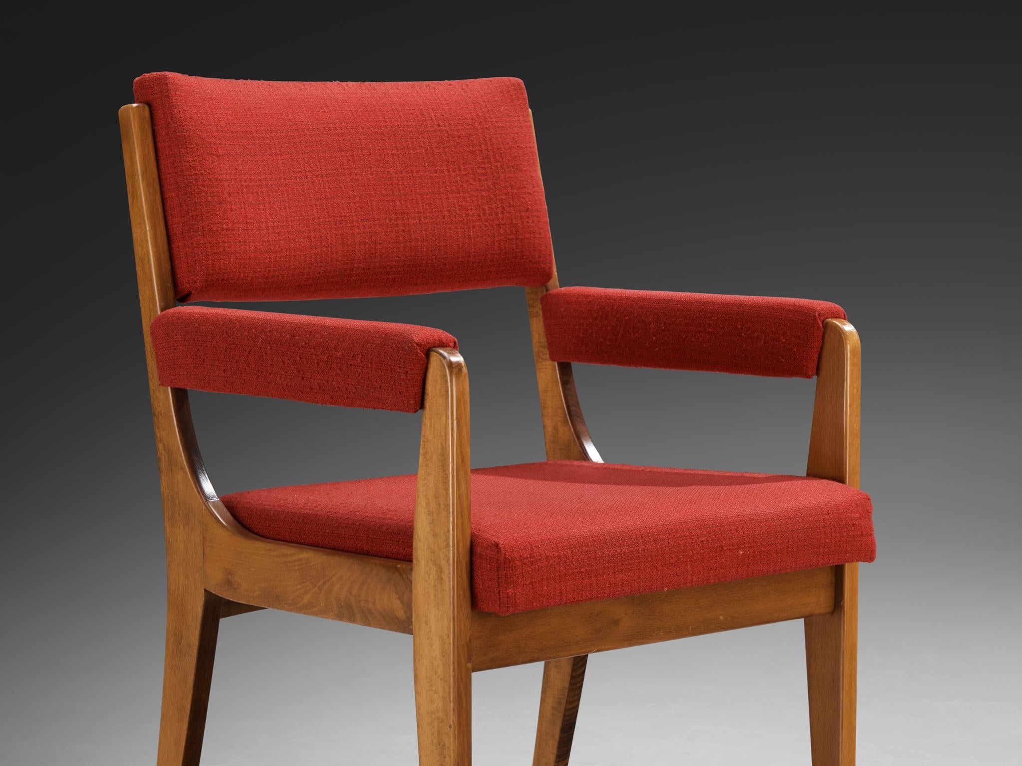 Mid-Century Modern French Set of Ten Dining Armchairs in Wood & Red Fabric