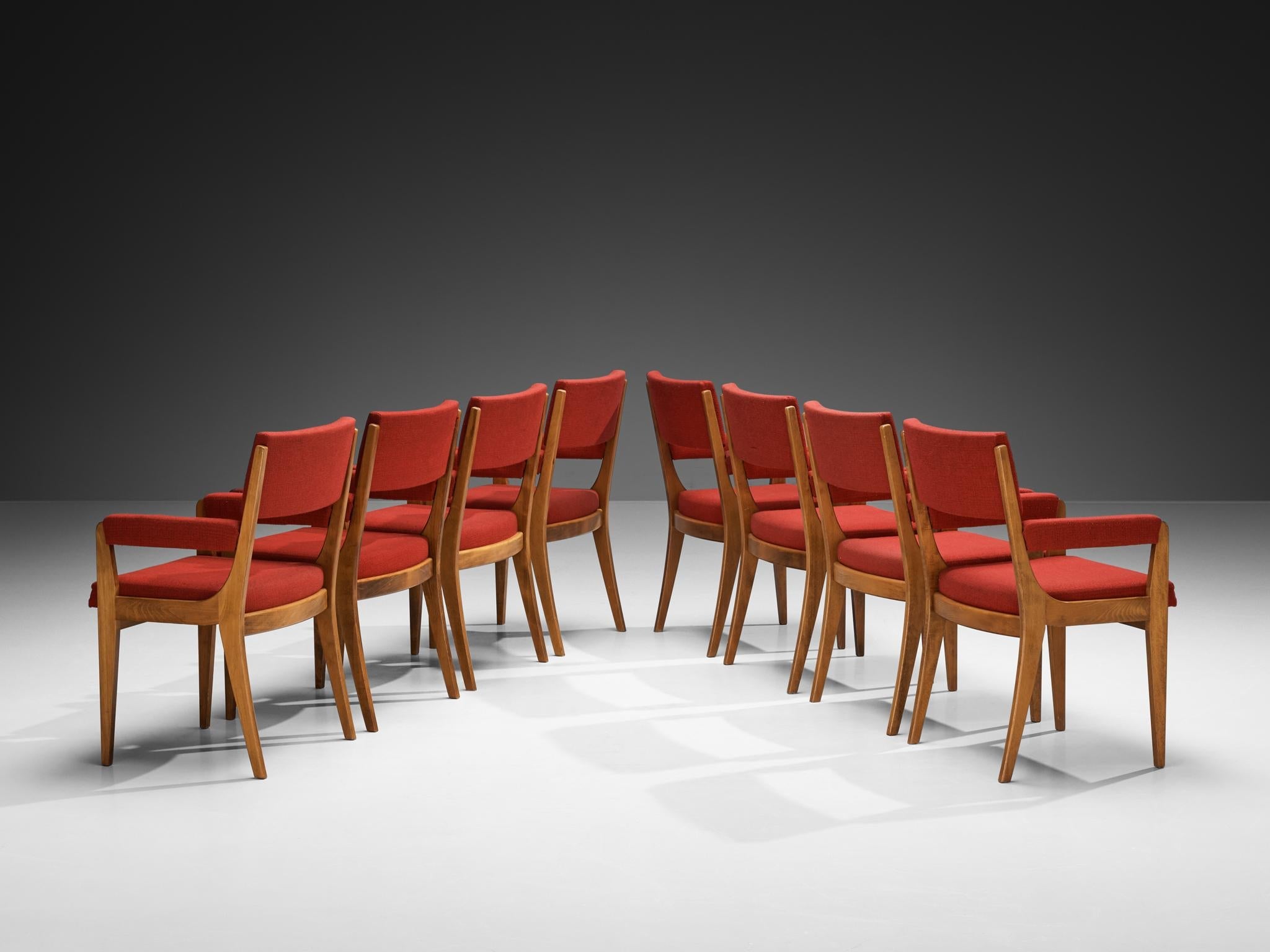 Mid-Century Modern French Set of Ten Dining Armchairs in Wood & Red Fabric