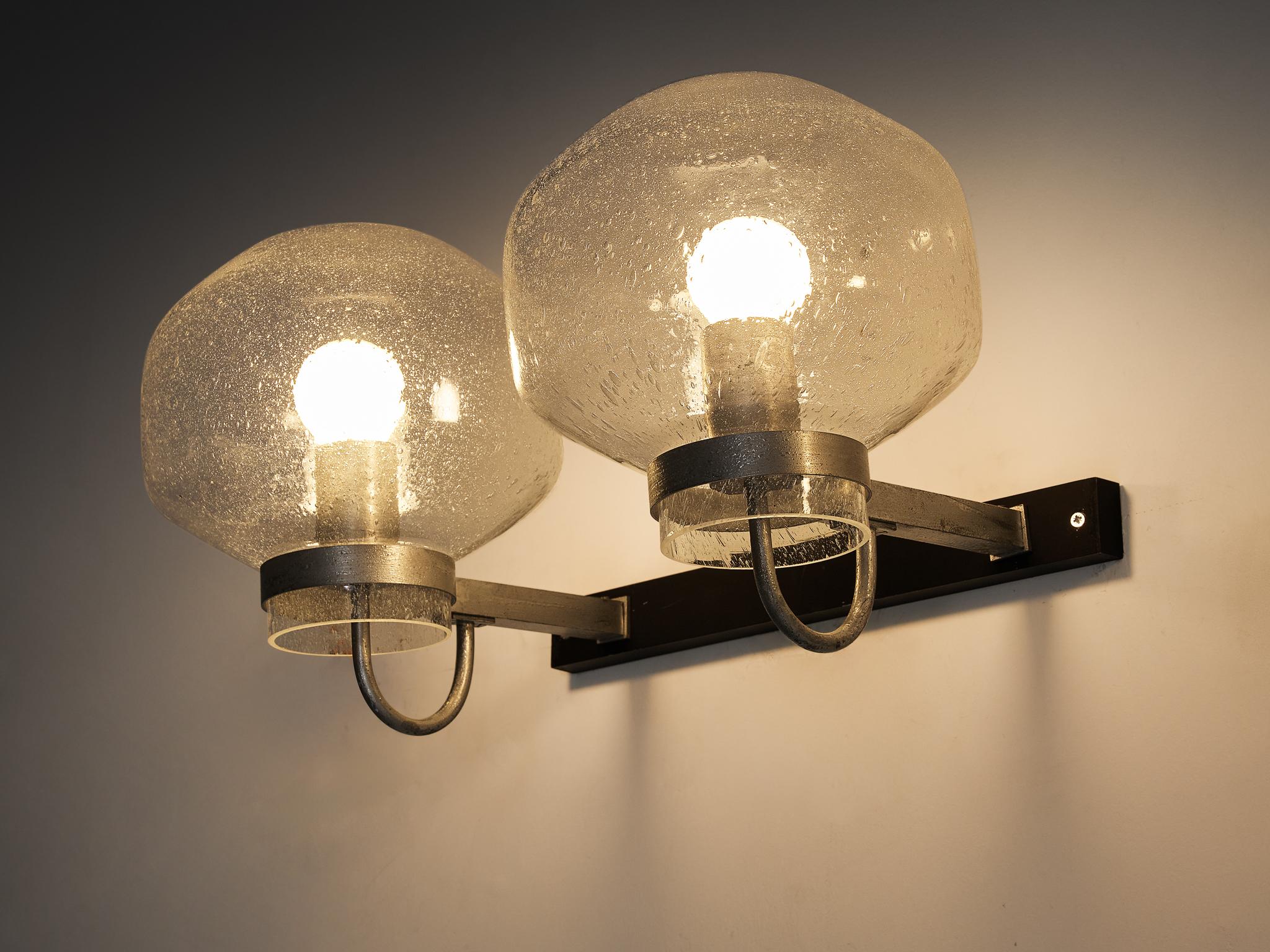 1970s Wall Lights in Black-Coated Aluminum and Blown Glass