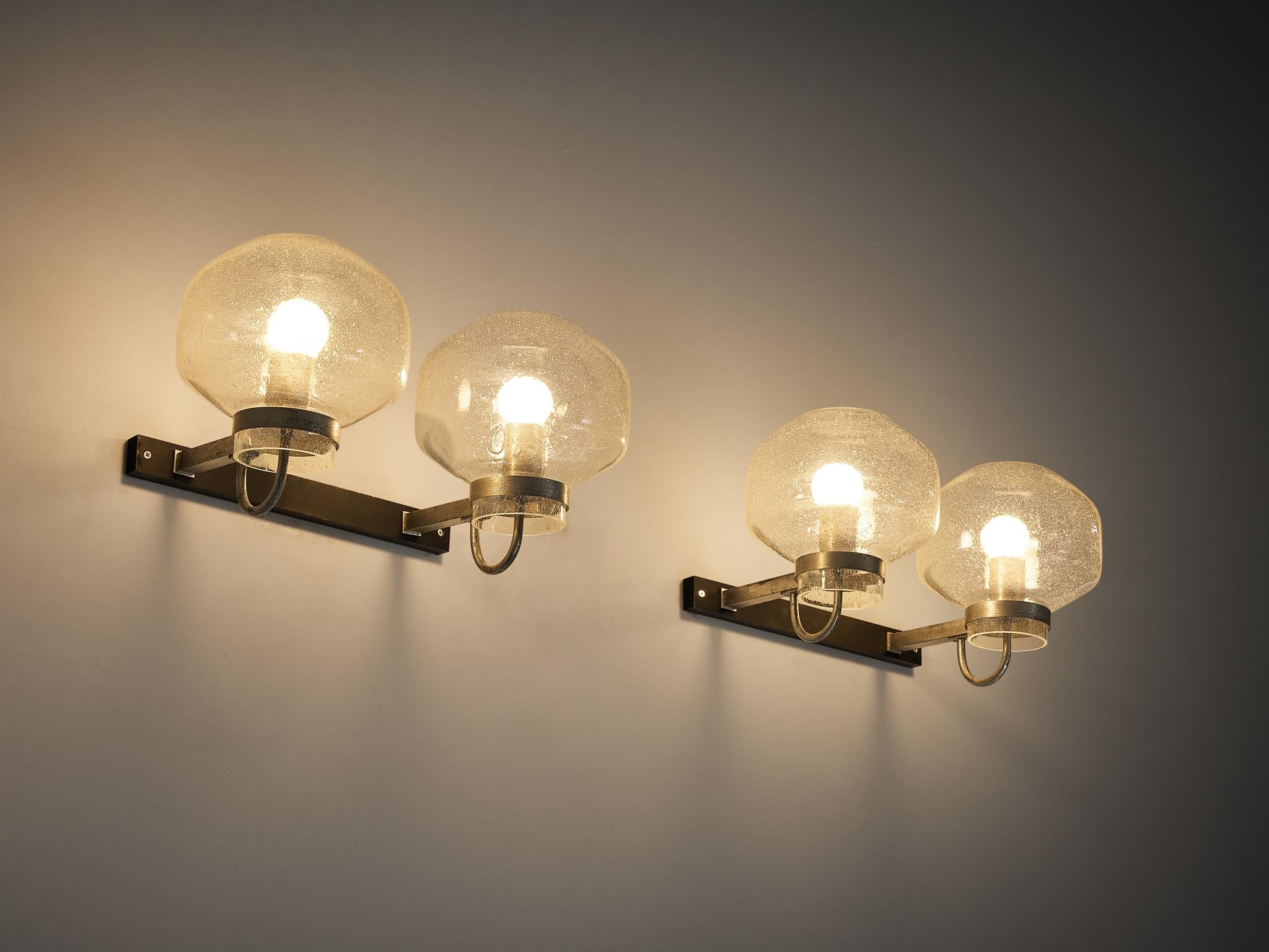 1970s Wall Lights in Black-Coated Aluminum and Blown Glass