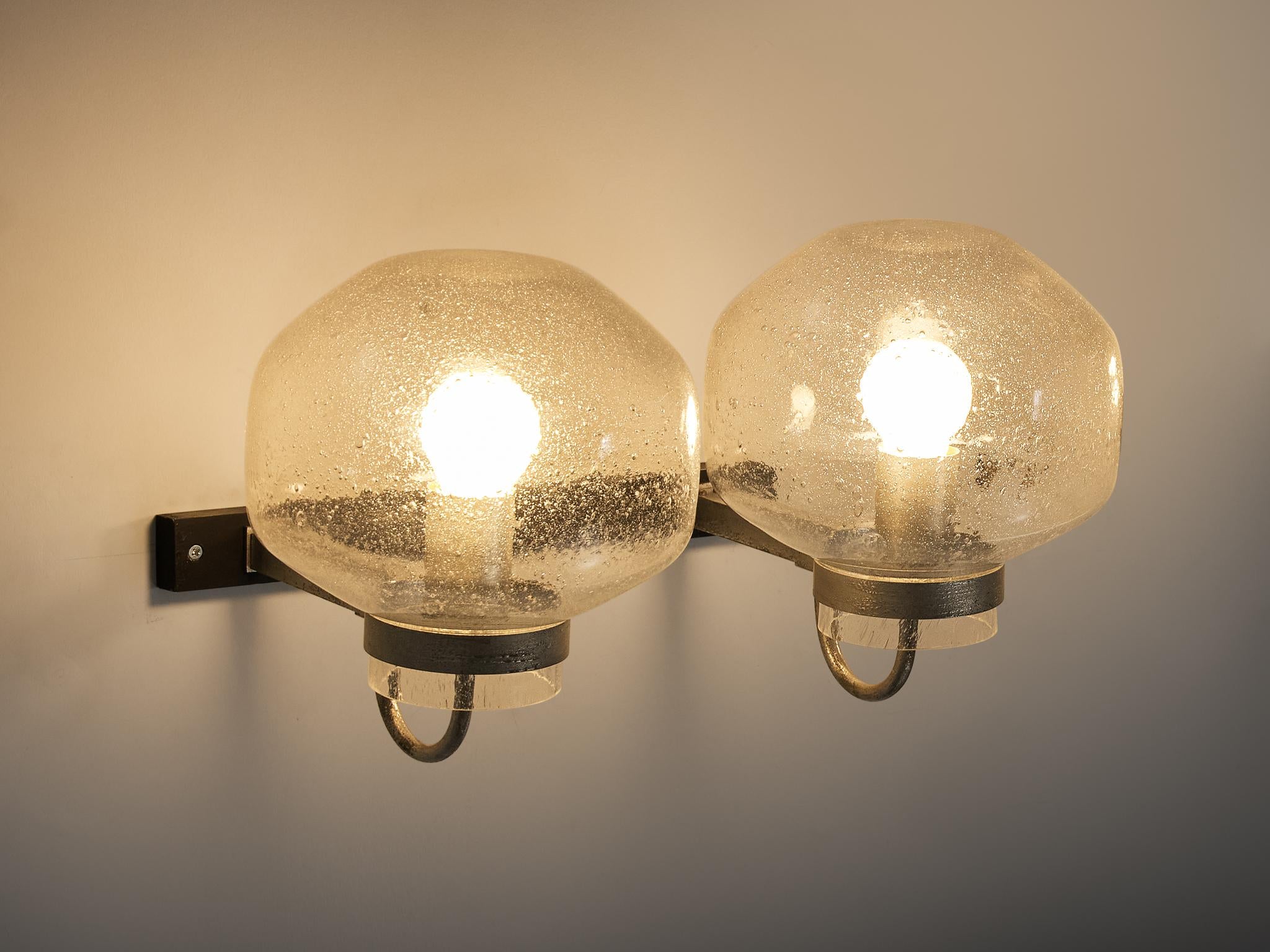 1970s Wall Lights in Black-Coated Aluminum and Blown Glass