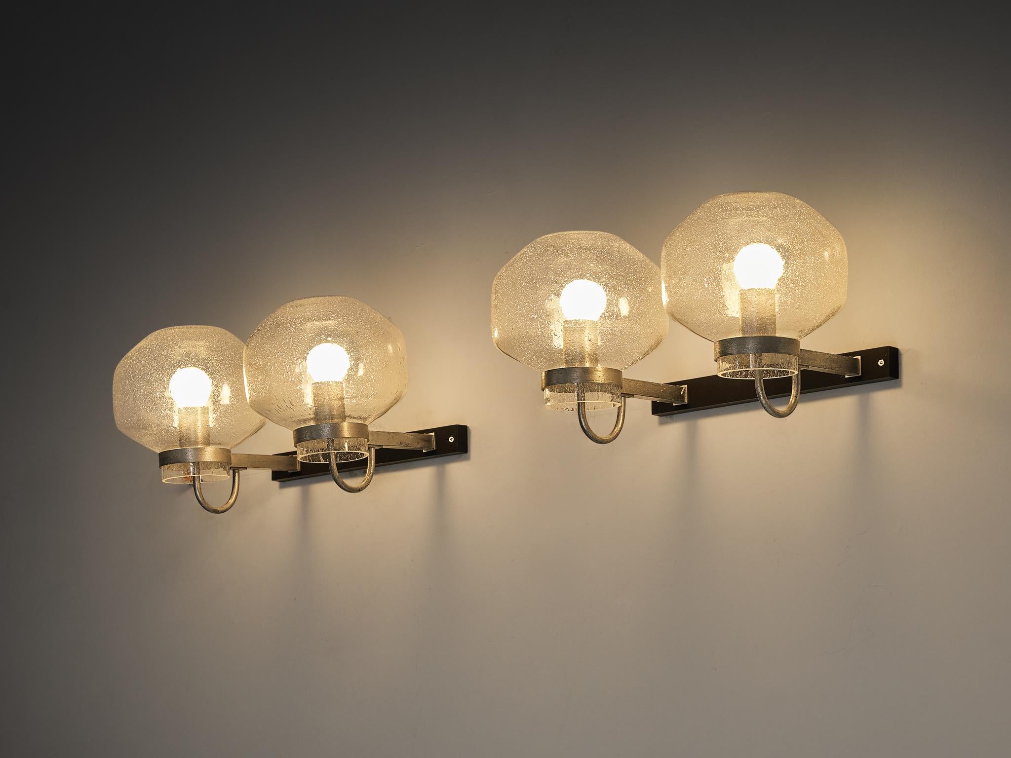 1970s Wall Lights in Black-Coated Aluminum and Blown Glass