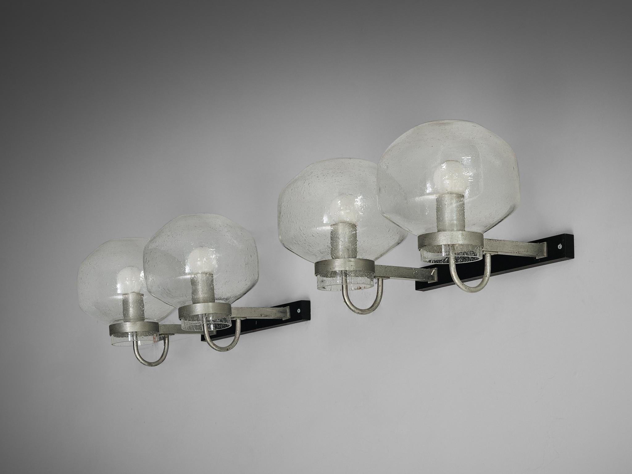 1970s Wall Lights in Black-Coated Aluminum and Blown Glass