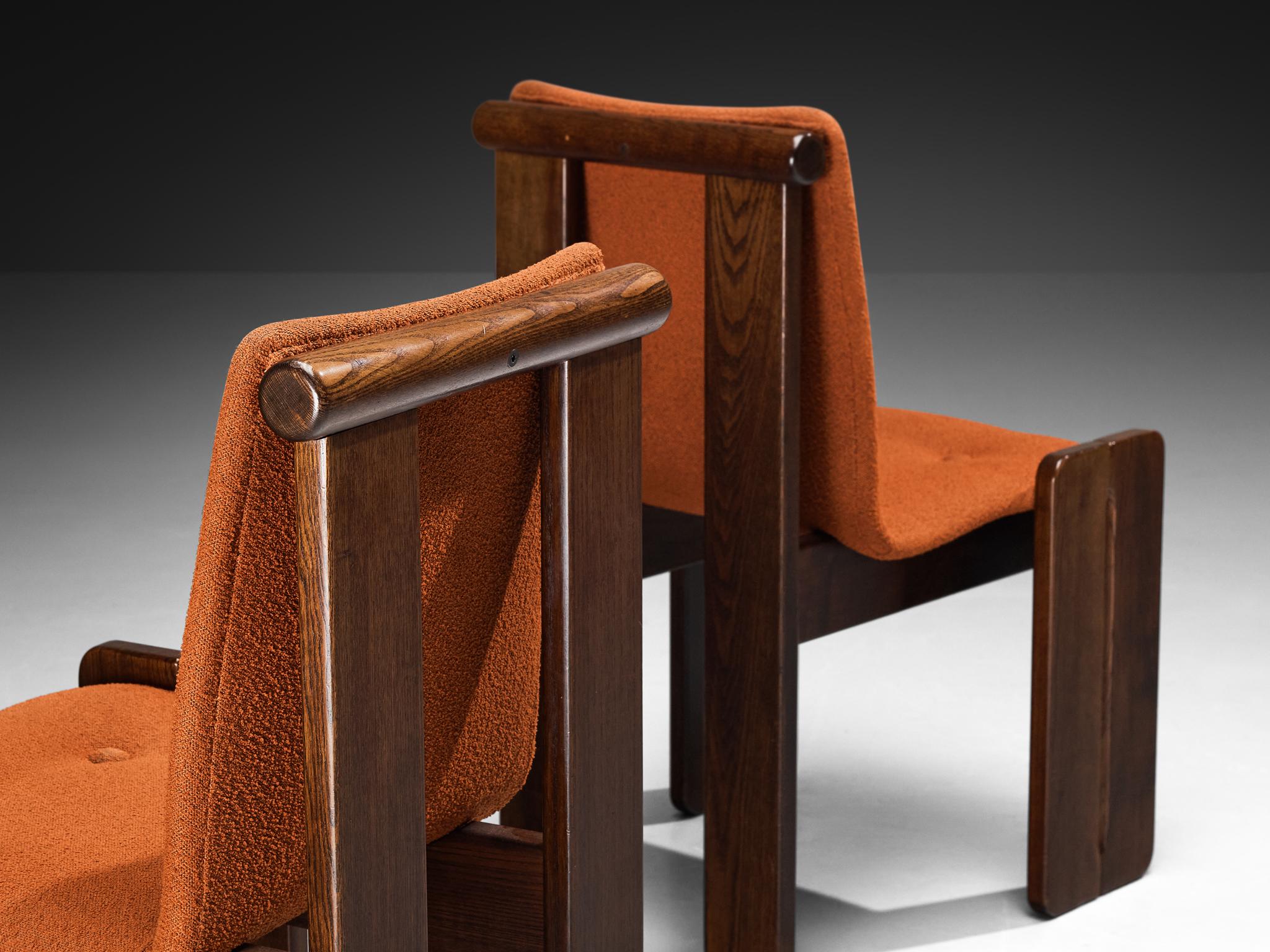 Set of Six Architectural Dining Chairs in Oak and Orangey Brown Fabric 70s