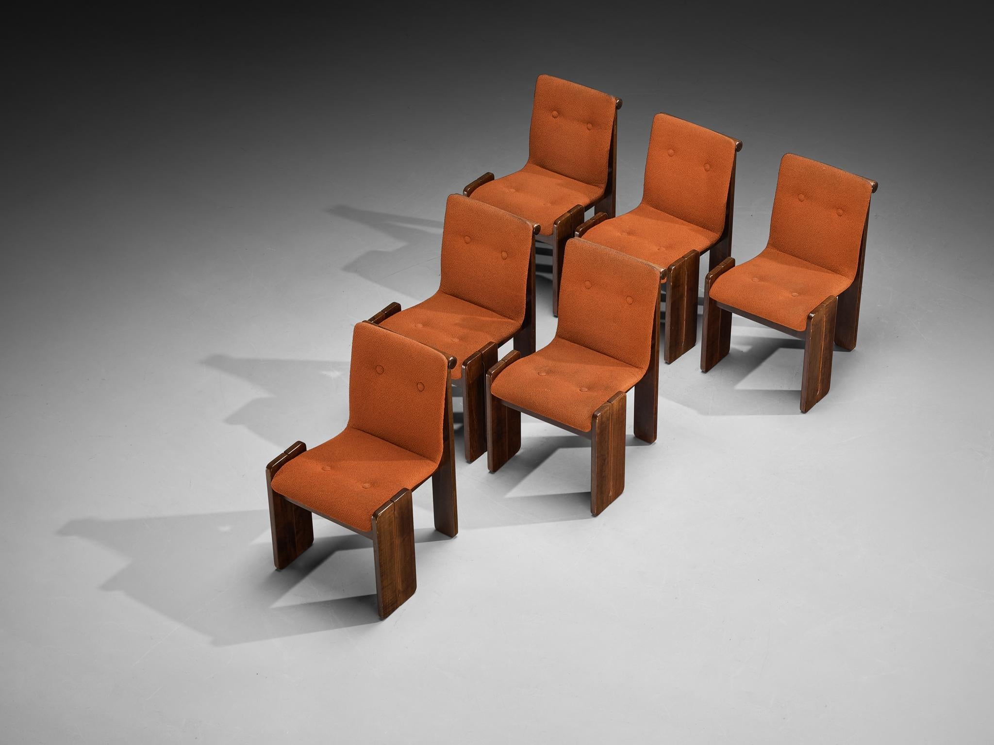 Set of Six Architectural Dining Chairs in Oak and Orangey Brown Fabric 70s