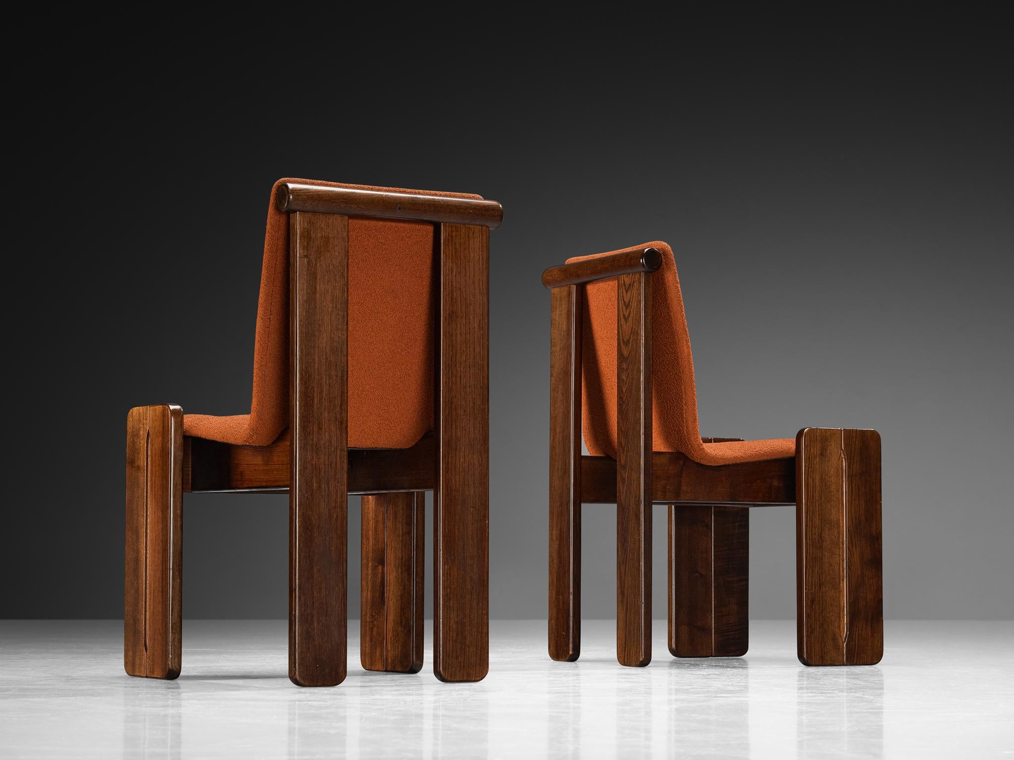 Set of Six Architectural Dining Chairs in Oak and Orangey Brown Fabric 70s