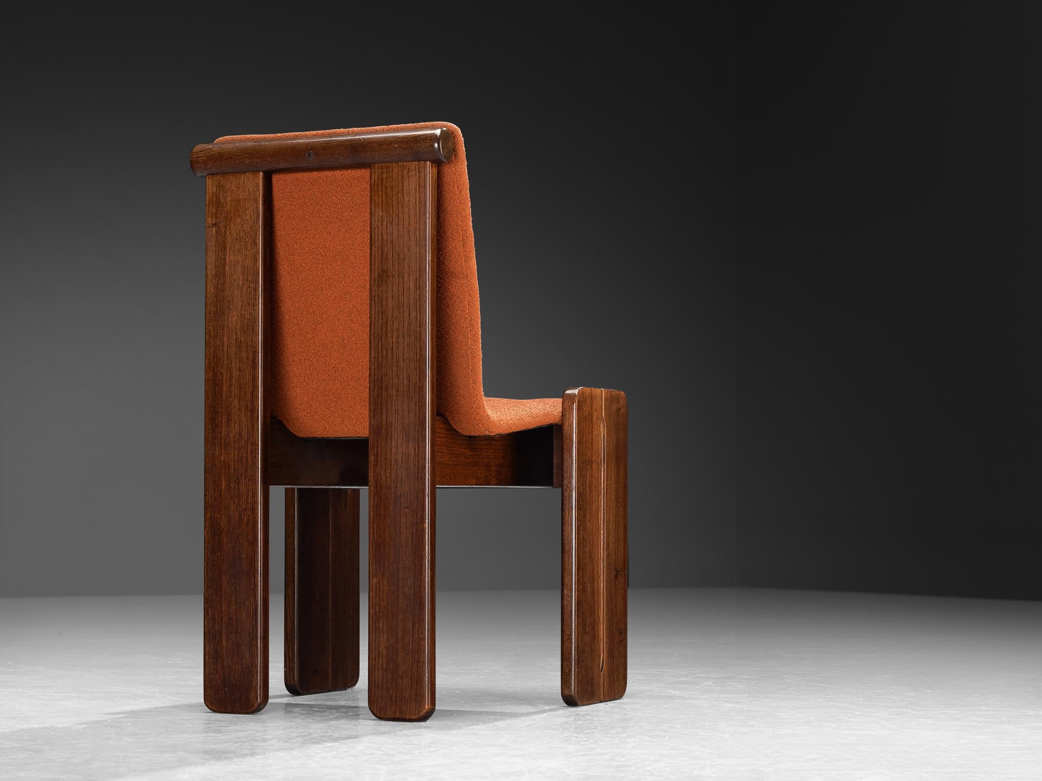 Set of Six Architectural Dining Chairs in Oak and Orangey Brown Fabric 70s