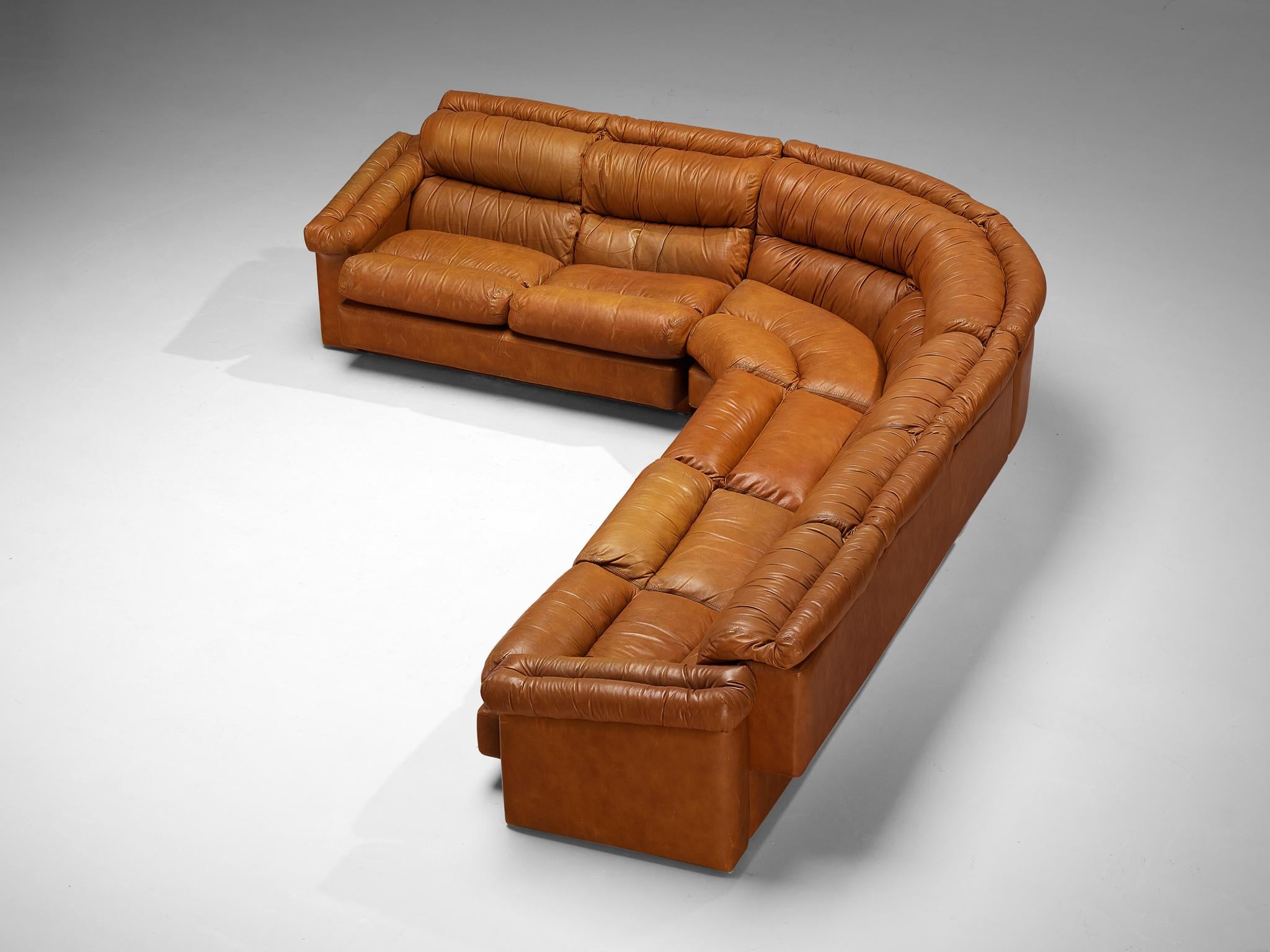 Italian Post-Modern Sectional Corner Sofa in Cognac Brown Leather