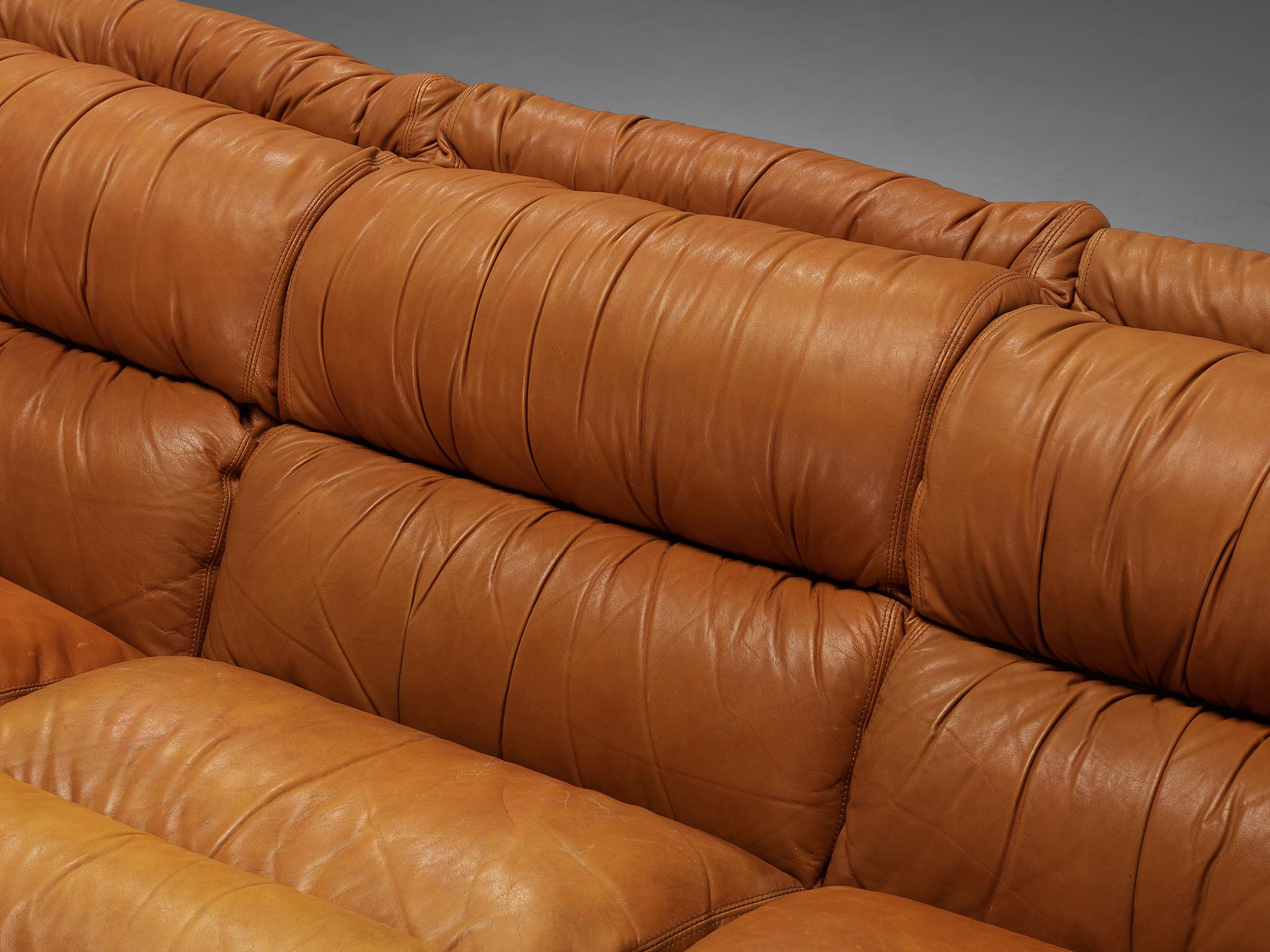 Italian Post-Modern Sectional Corner Sofa in Cognac Brown Leather