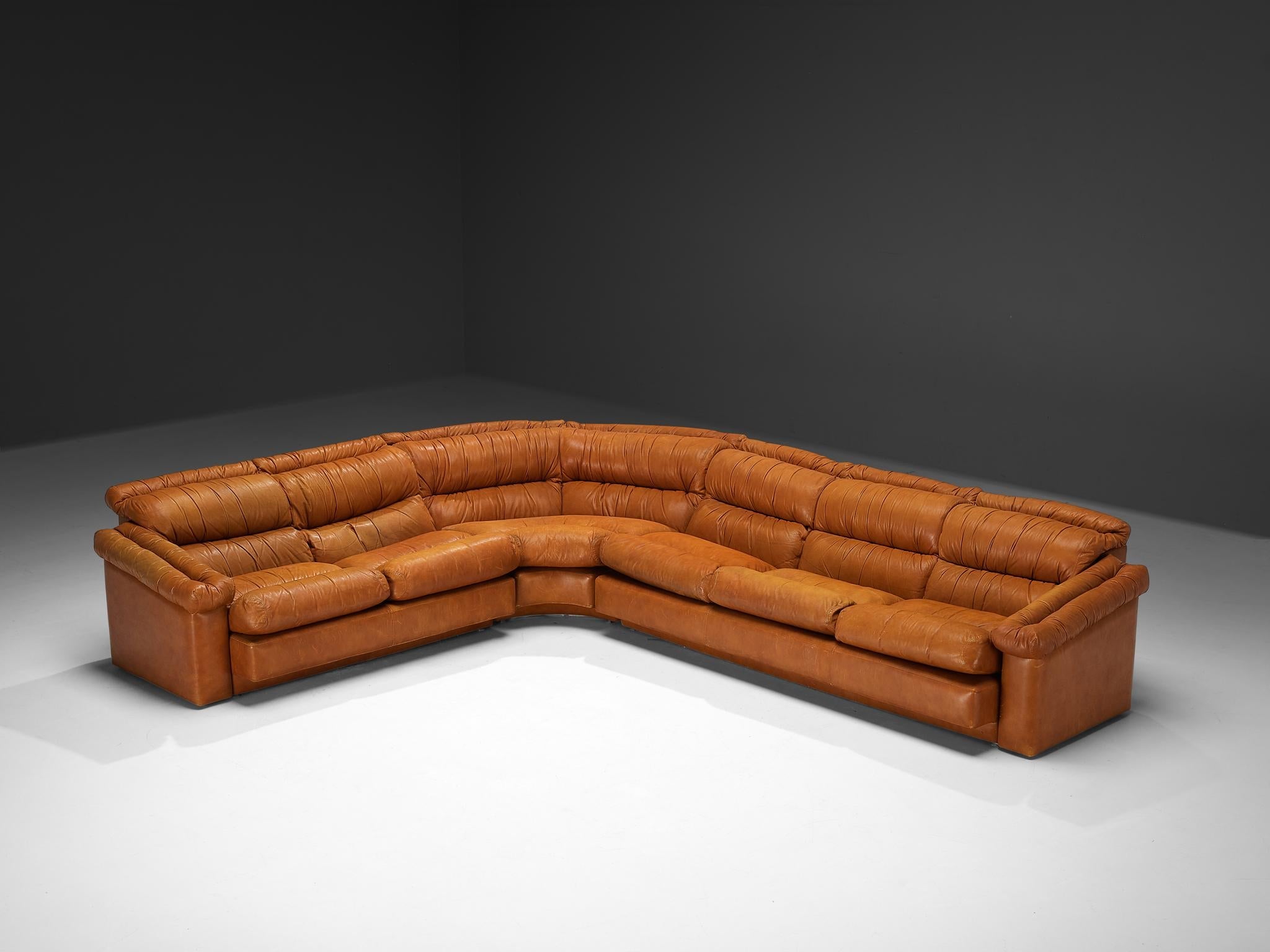 Italian Post-Modern Sectional Corner Sofa in Cognac Brown Leather