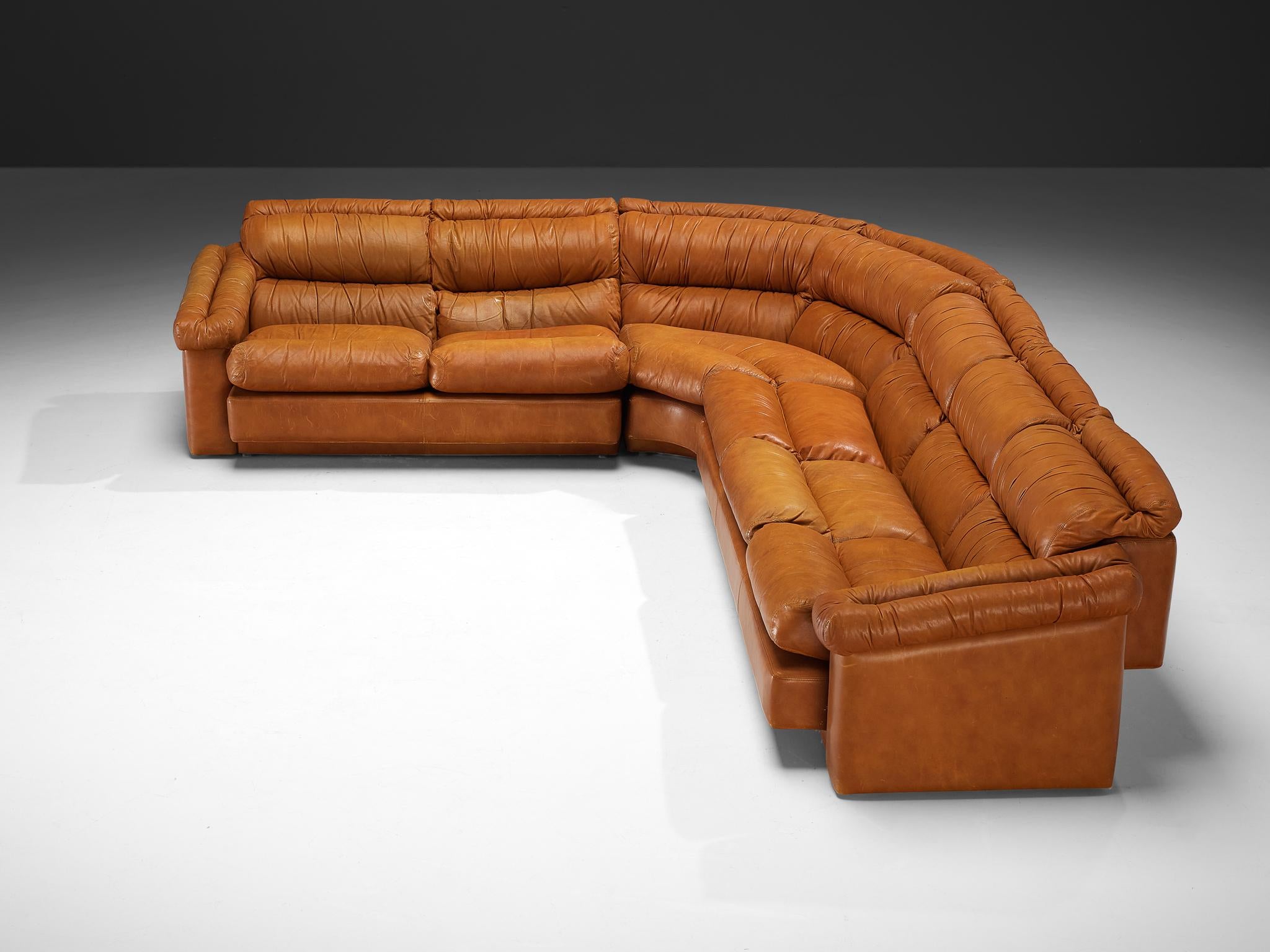 Italian Post-Modern Sectional Corner Sofa in Cognac Brown Leather