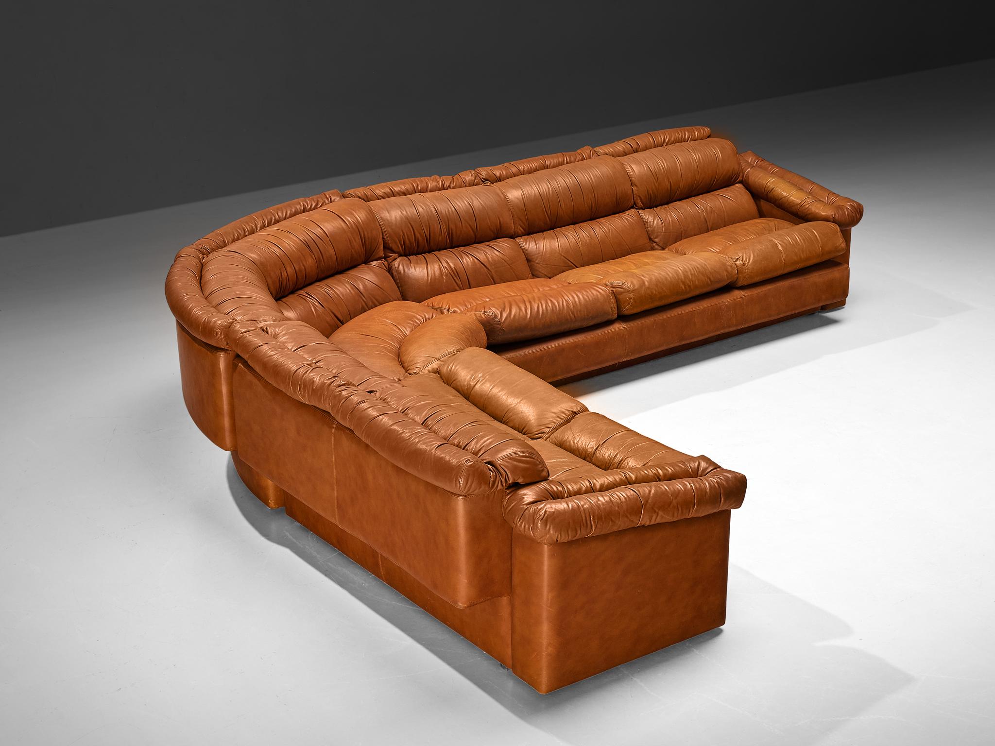 Italian Post-Modern Sectional Corner Sofa in Cognac Brown Leather