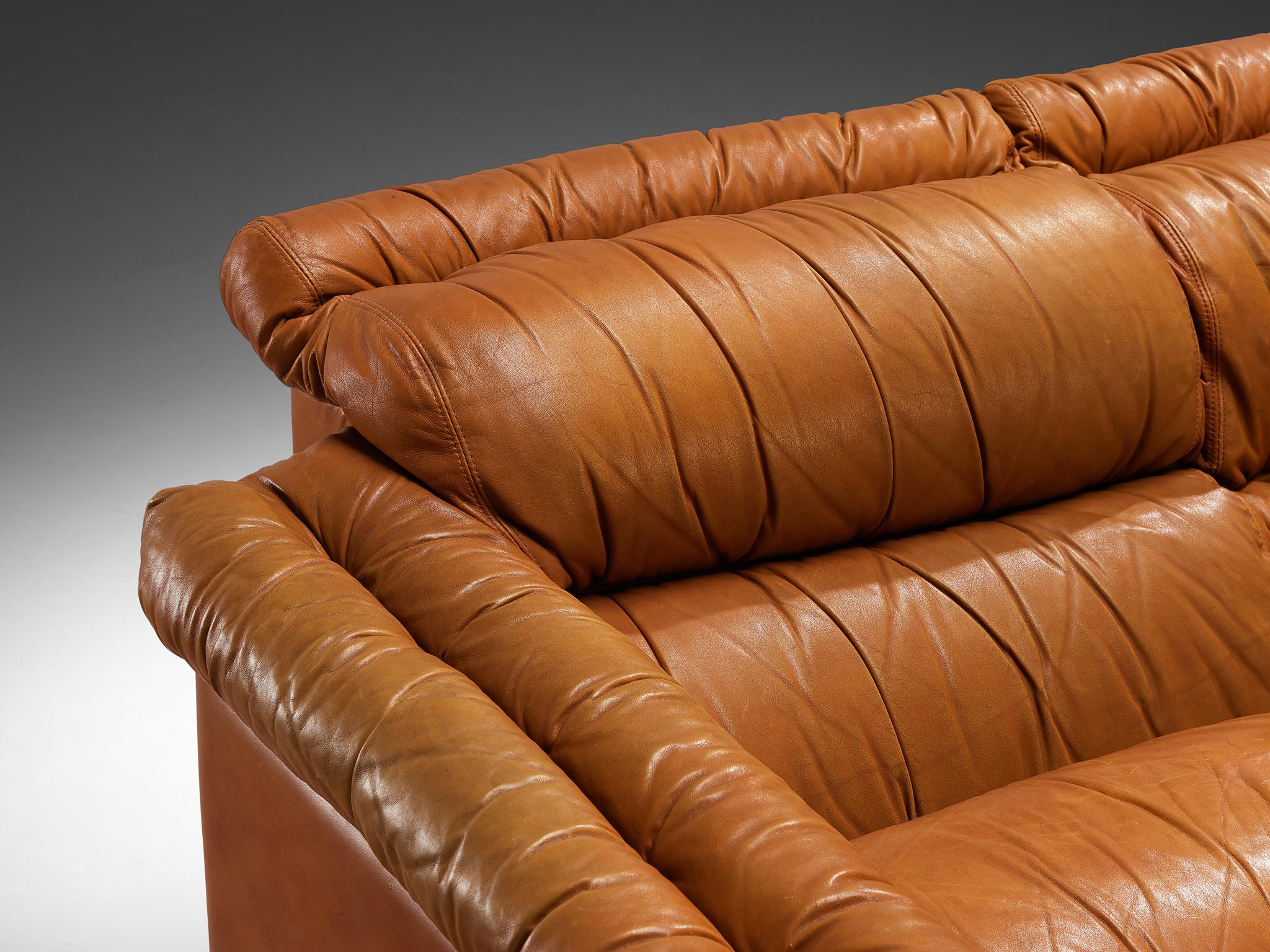 Italian Post-Modern Sectional Corner Sofa in Cognac Brown Leather