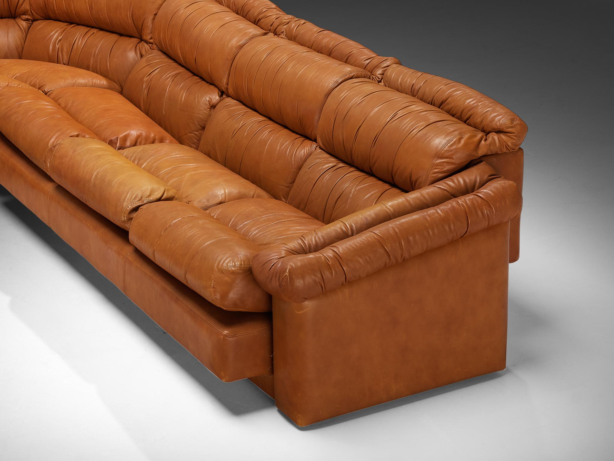 Italian Post-Modern Sectional Corner Sofa in Cognac Brown Leather