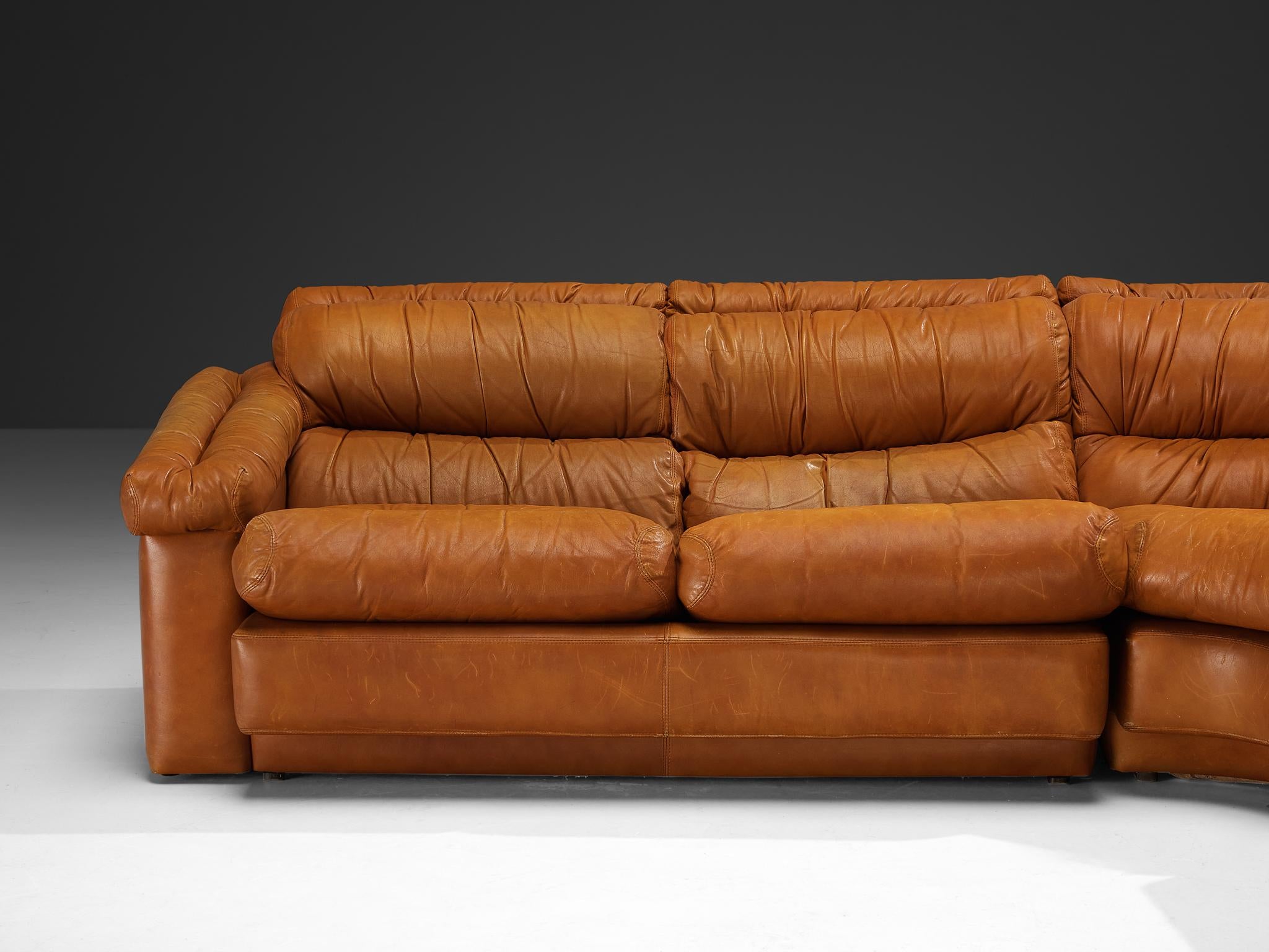 Italian Post-Modern Sectional Corner Sofa in Cognac Brown Leather