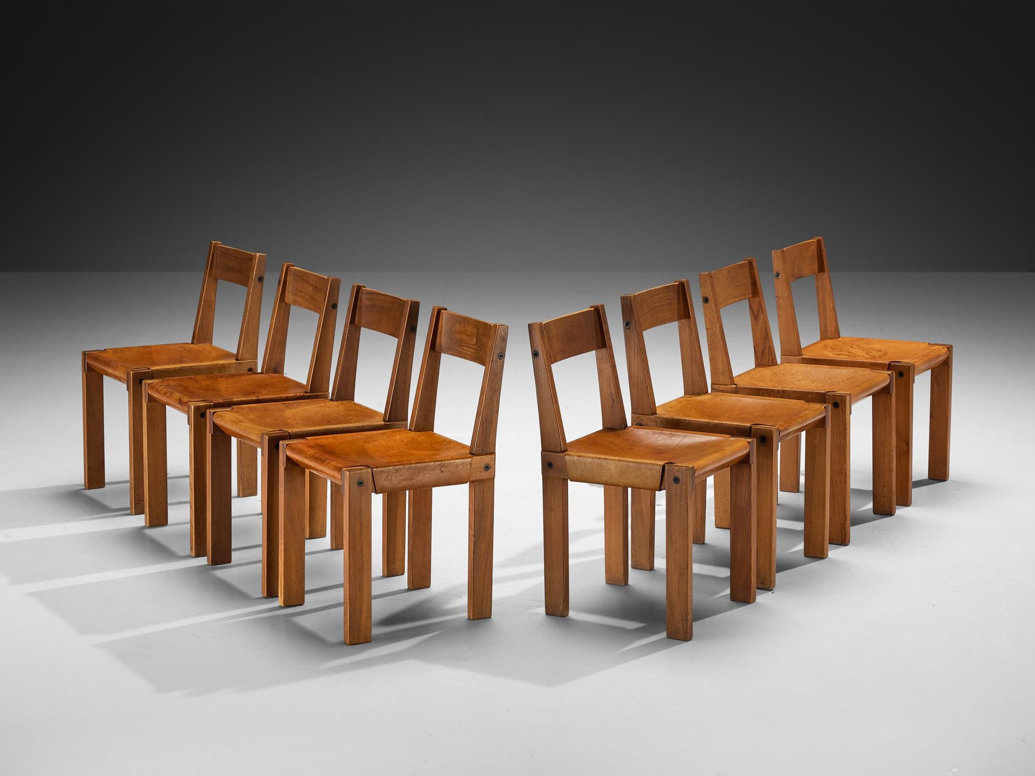 Early Pierre Chapo Set of Eight 'S24' Dining Chairs in Leather and Elm