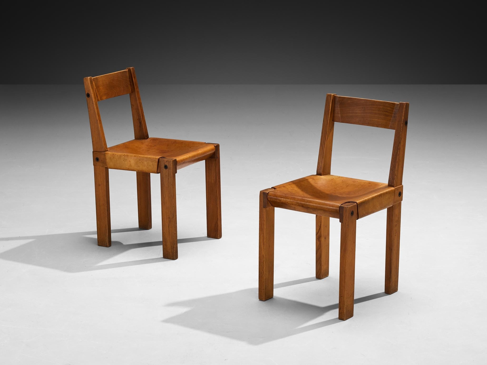 Early Pierre Chapo Set of Eight 'S24' Dining Chairs in Leather and Elm