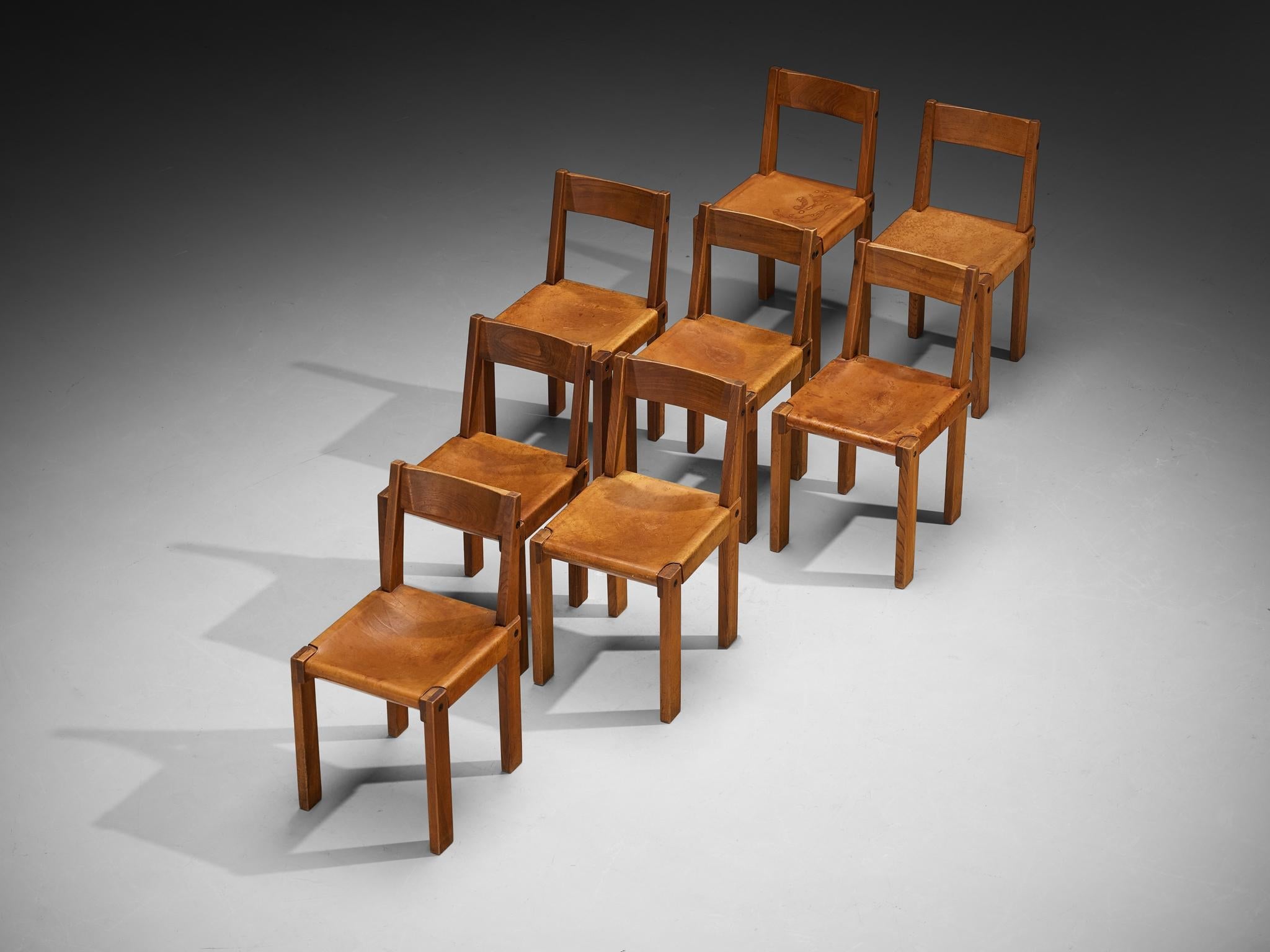 Early Pierre Chapo Set of Eight 'S24' Dining Chairs in Leather and Elm