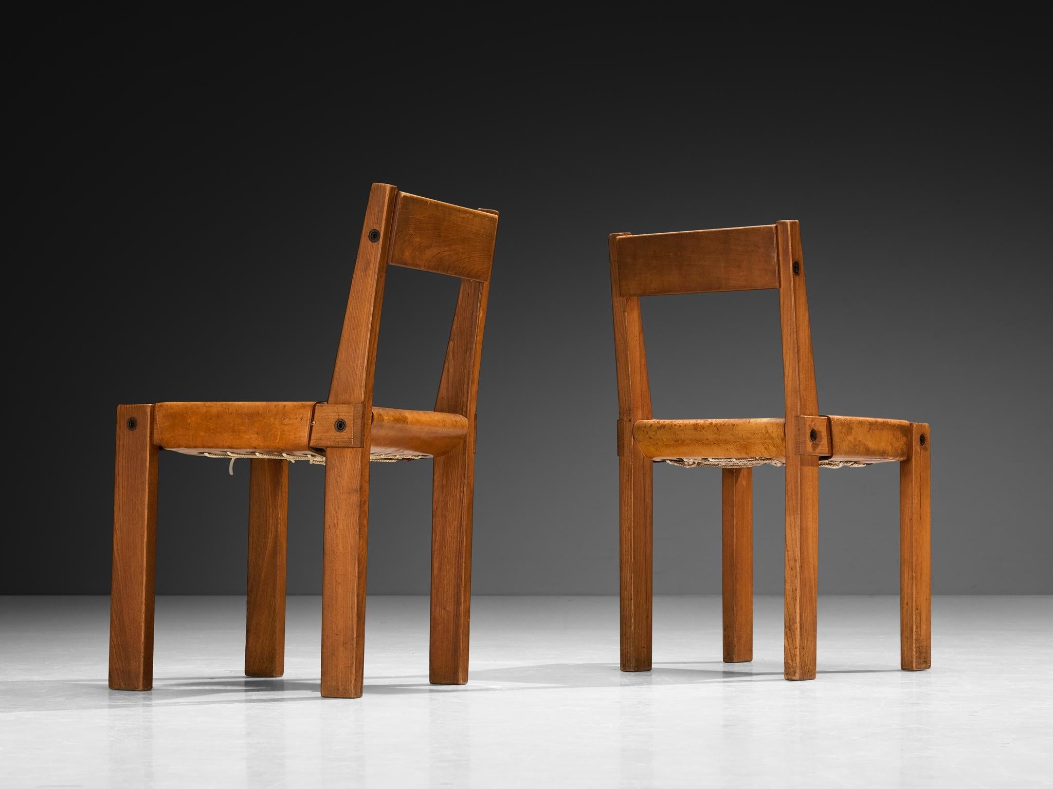 Early Pierre Chapo Set of Eight 'S24' Dining Chairs in Leather and Elm