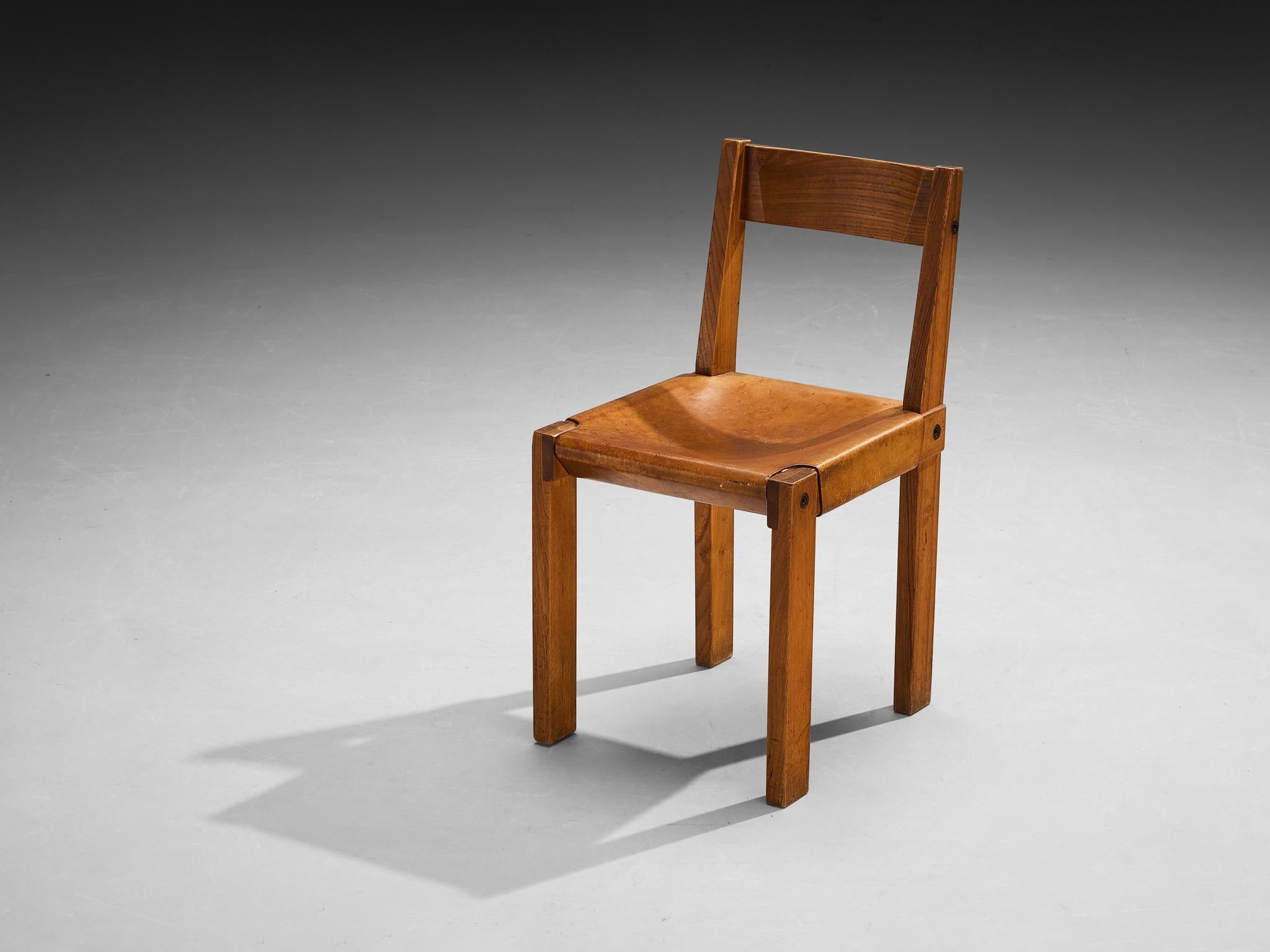 Early Pierre Chapo Set of Eight 'S24' Dining Chairs in Leather and Elm