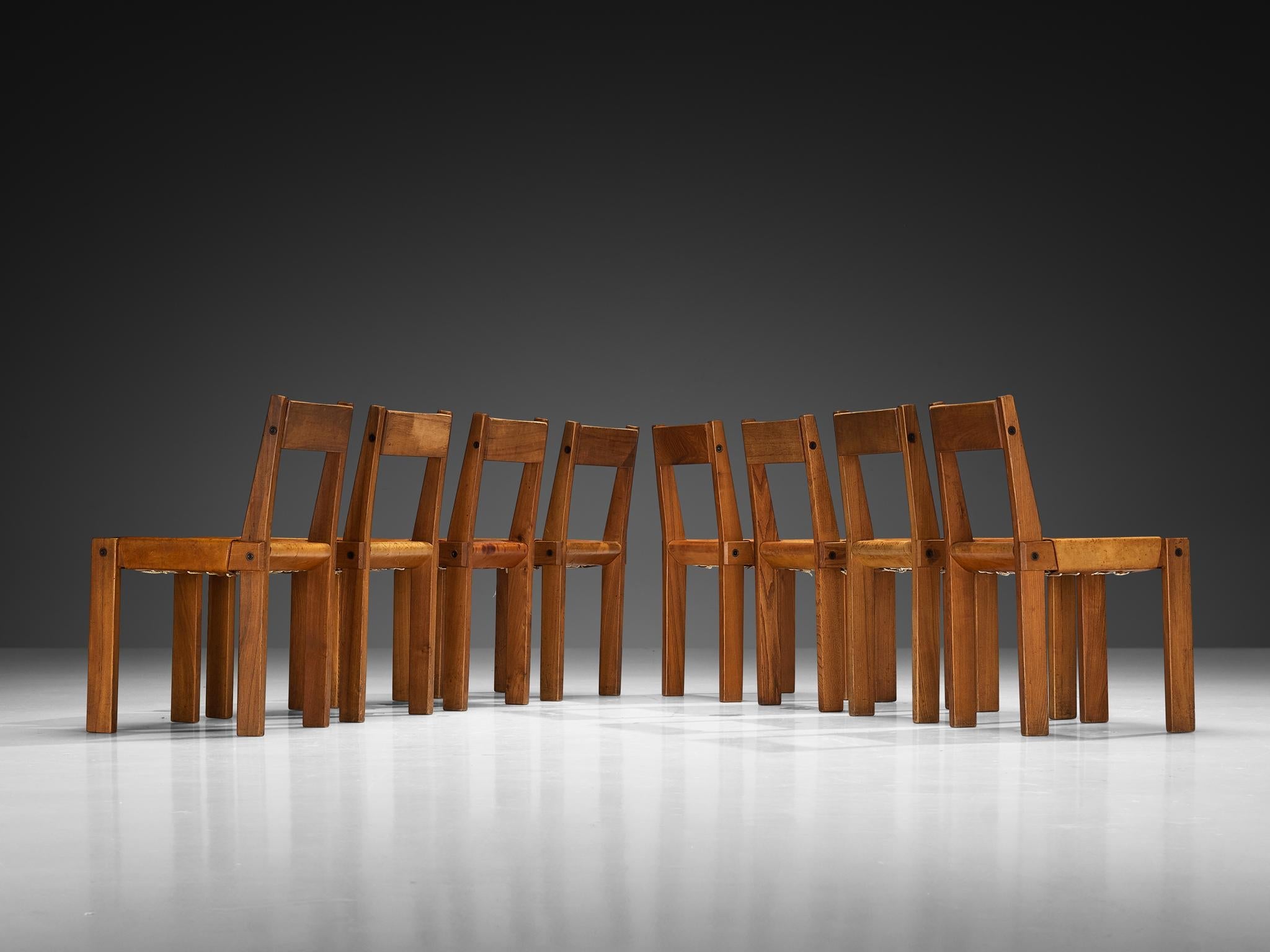 Early Pierre Chapo Set of Eight 'S24' Dining Chairs in Leather and Elm