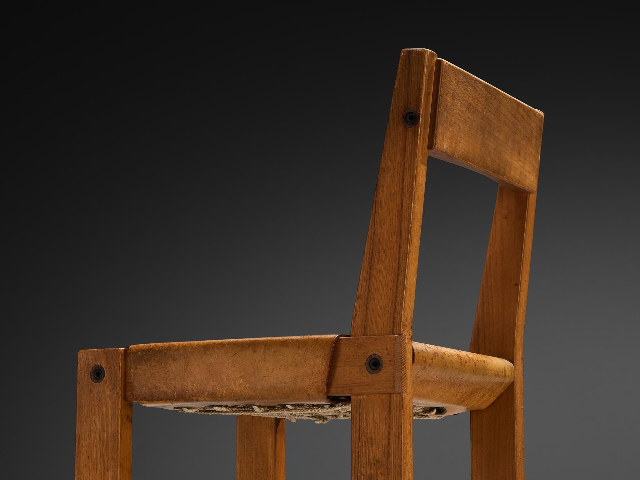 Early Pierre Chapo Set of Eight 'S24' Dining Chairs in Leather and Elm