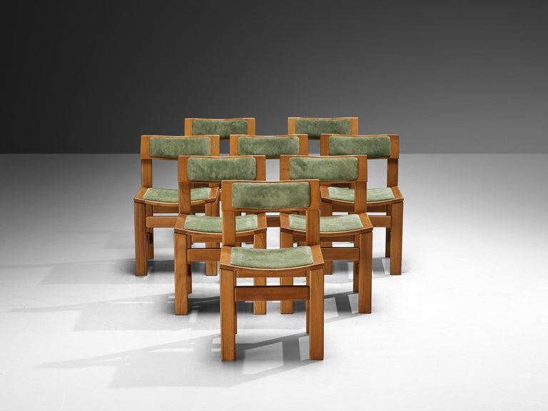 French Set of Eight Dining Chairs in Elm and Sage Colored Nubuck Upholstery