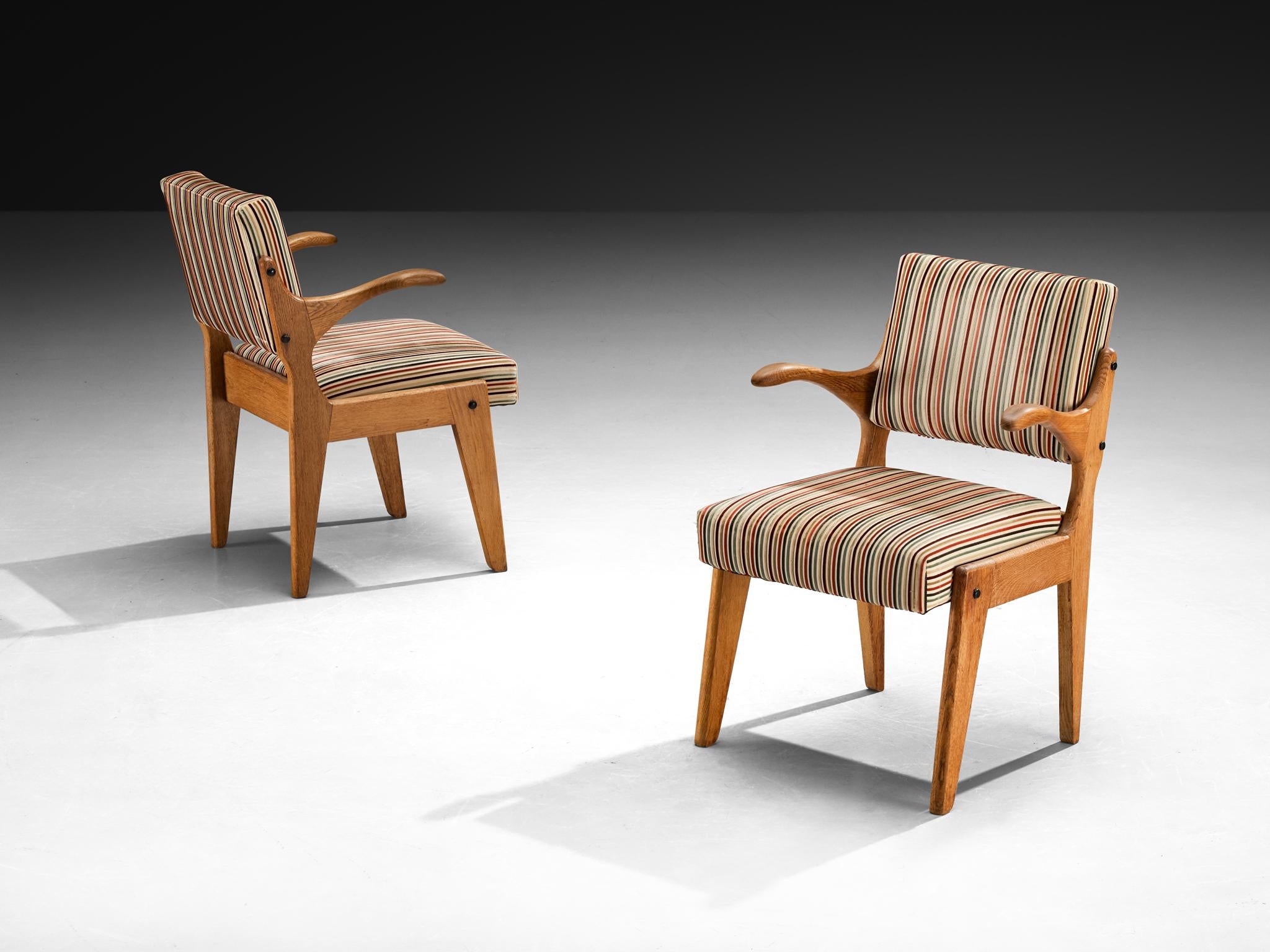 Guillerme & Chambron 'Bridge' Armchairs in Oak and Colorful Striped Fabric