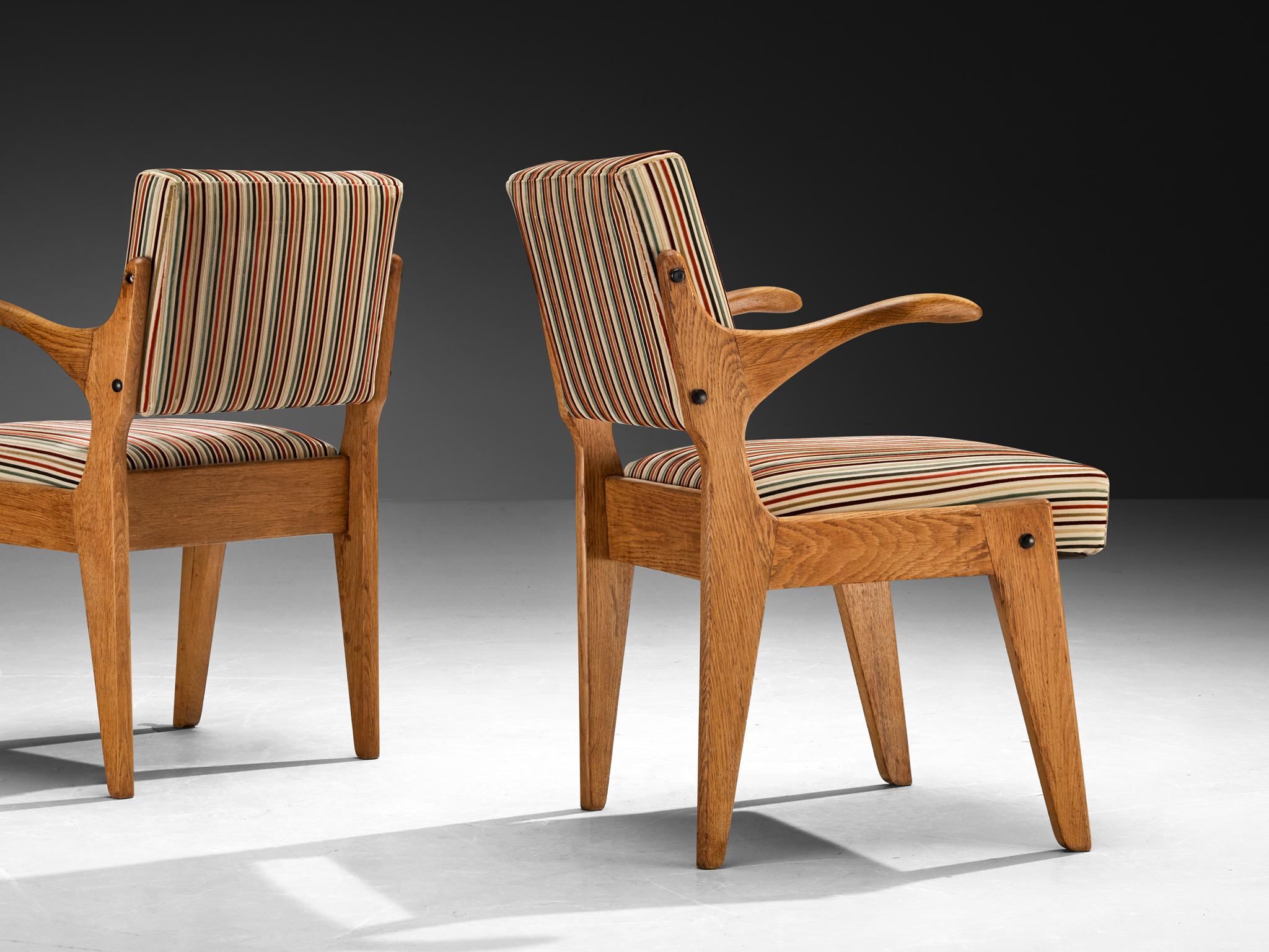 Guillerme & Chambron 'Bridge' Armchairs in Oak and Colorful Striped Fabric