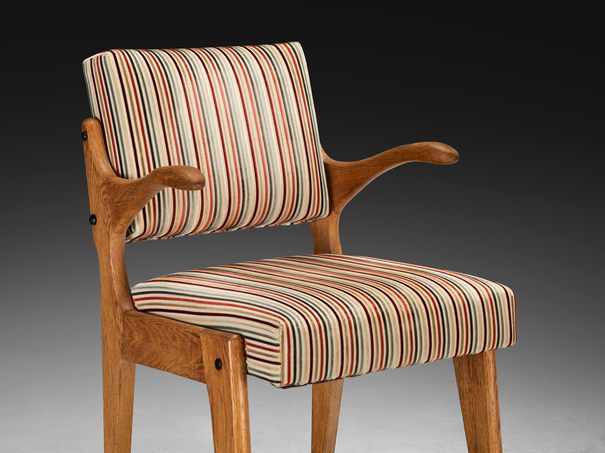 Guillerme & Chambron 'Bridge' Armchairs in Oak and Colorful Striped Fabric