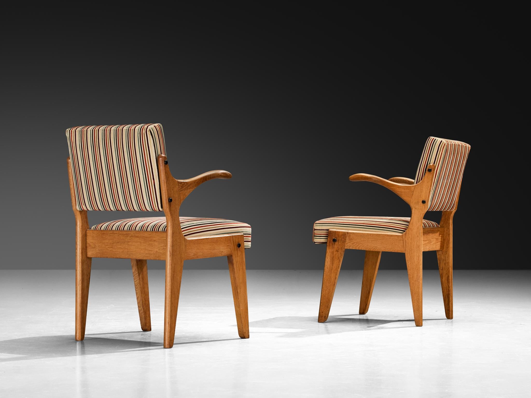 Guillerme & Chambron 'Bridge' Armchairs in Oak and Colorful Striped Fabric