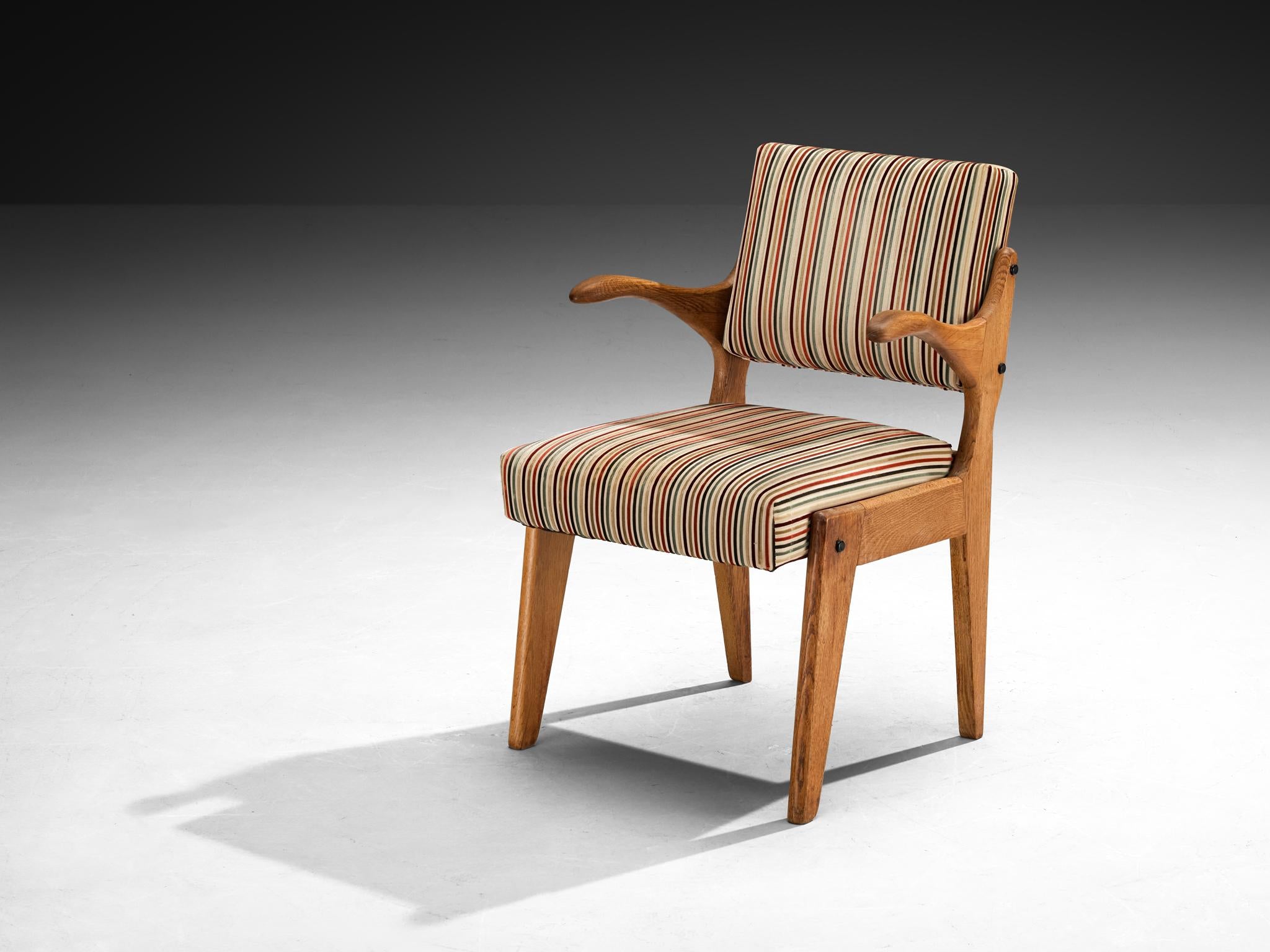 Guillerme & Chambron 'Bridge' Armchairs in Oak and Colorful Striped Fabric