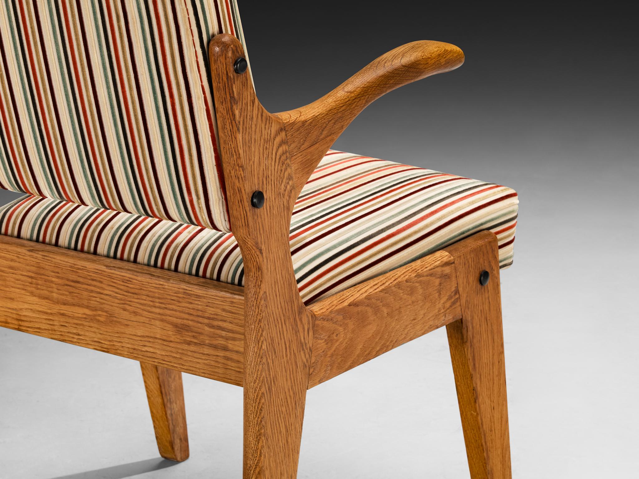 Guillerme & Chambron 'Bridge' Armchairs in Oak and Colorful Striped Fabric