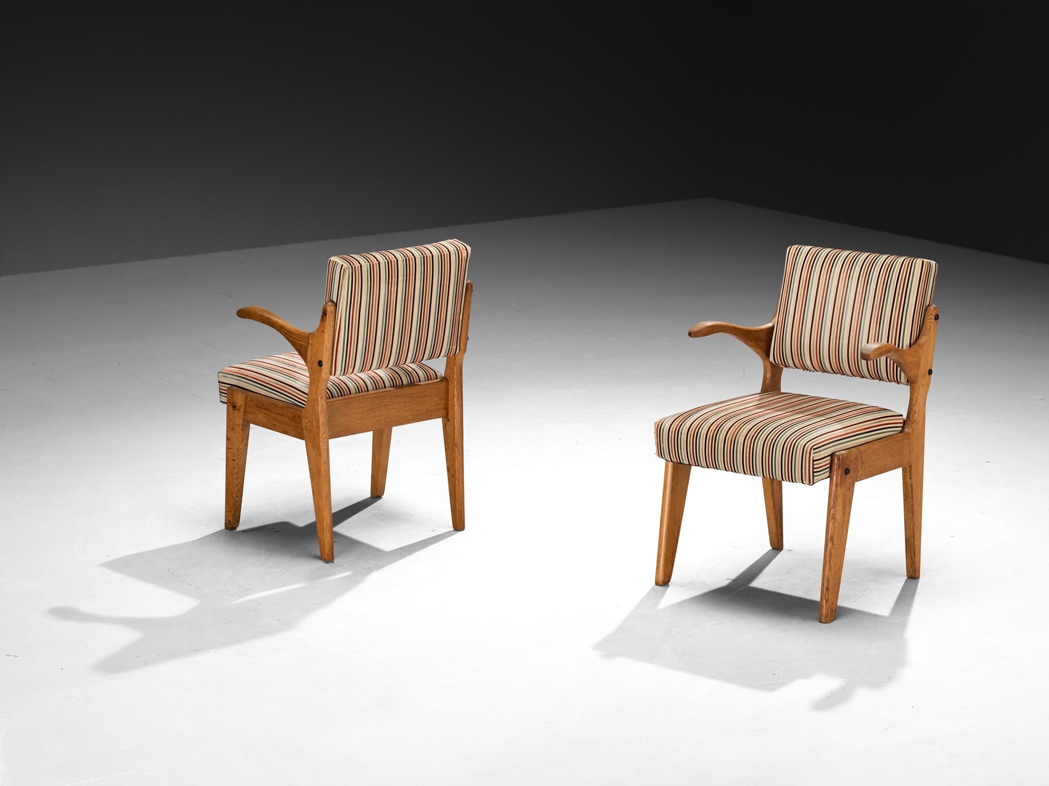 Guillerme & Chambron 'Bridge' Armchairs in Oak and Colorful Striped Fabric