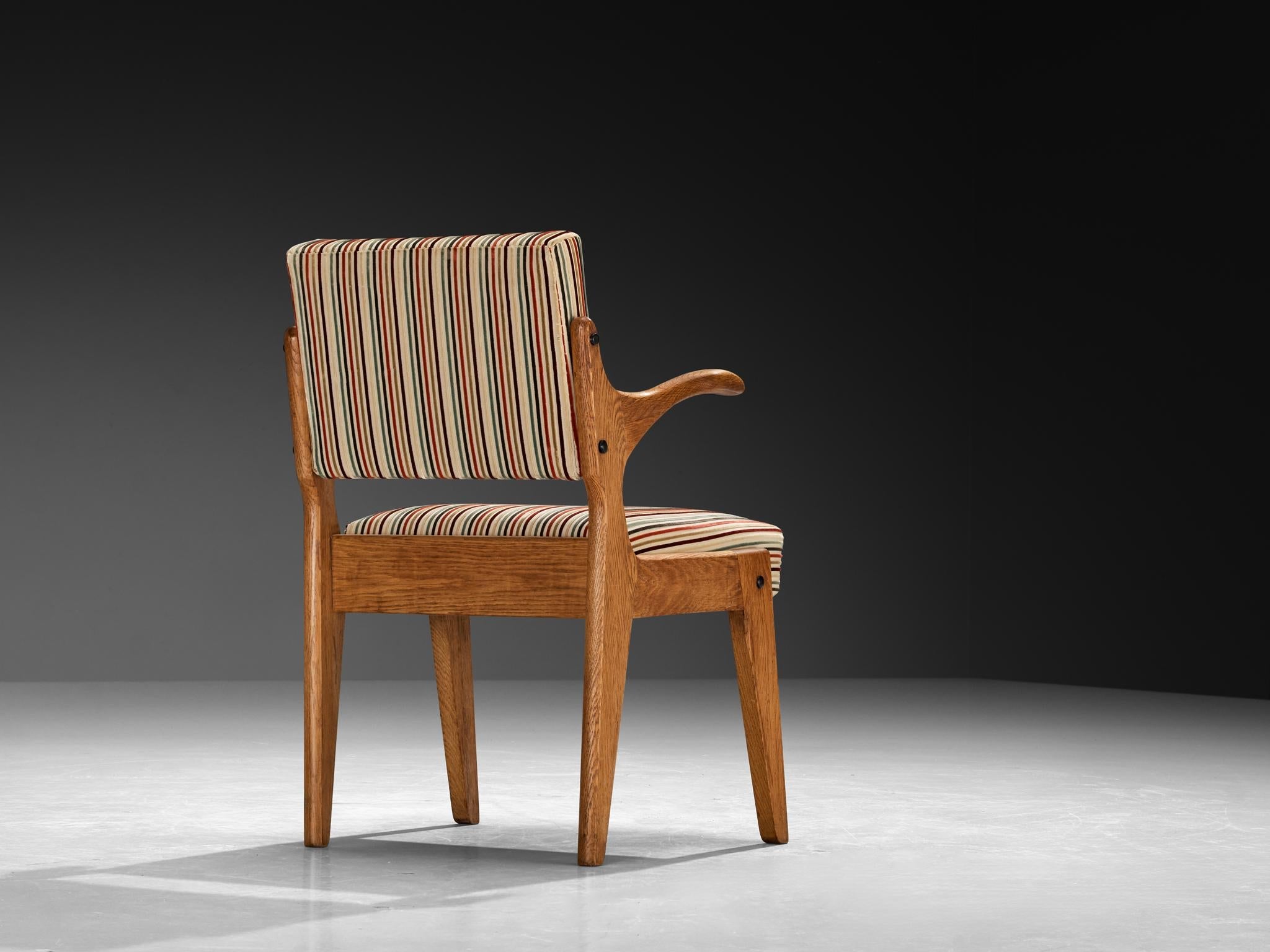 Guillerme & Chambron 'Bridge' Armchairs in Oak and Colorful Striped Fabric