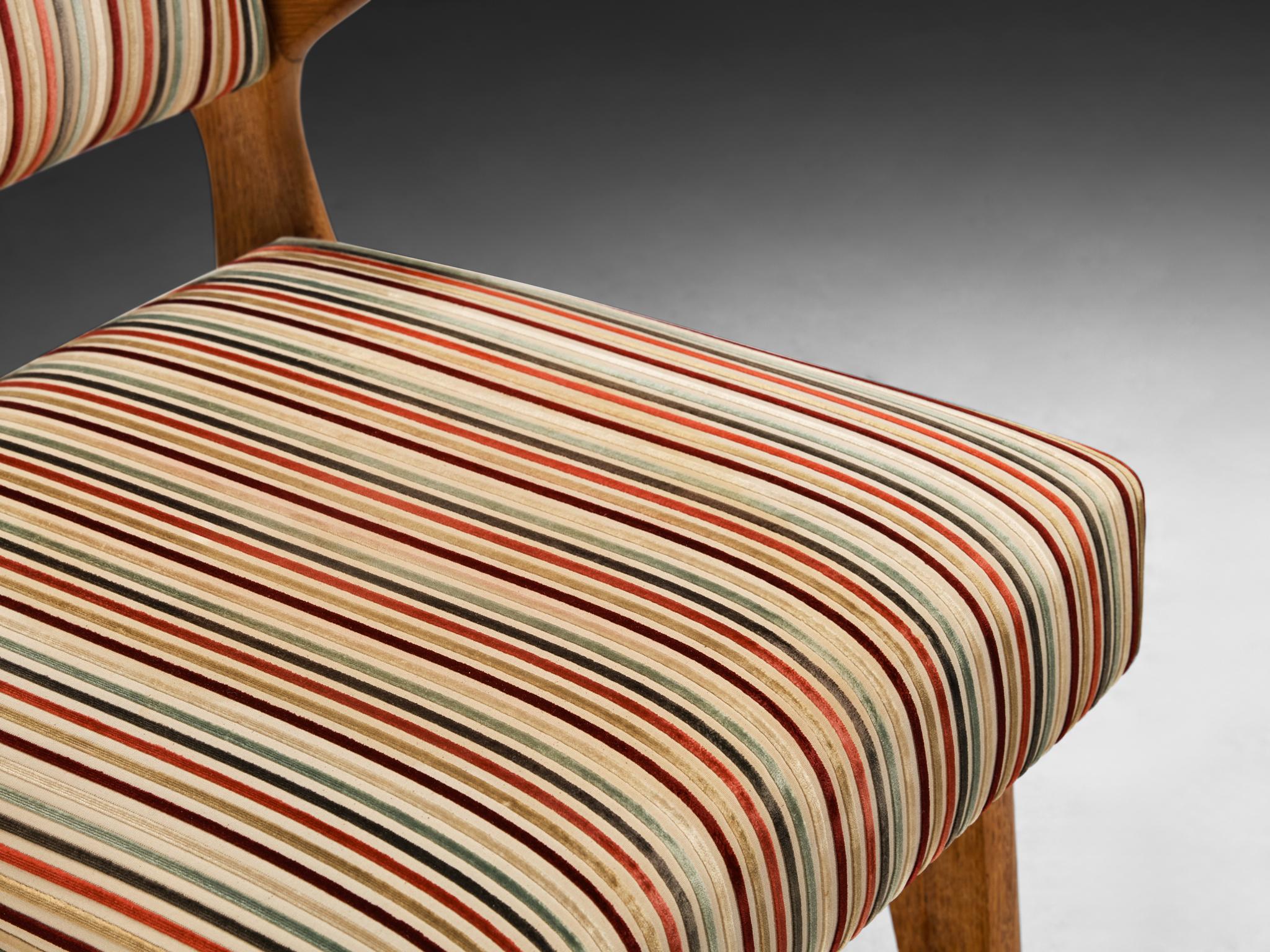 Guillerme & Chambron 'Bridge' Armchairs in Oak and Colorful Striped Fabric