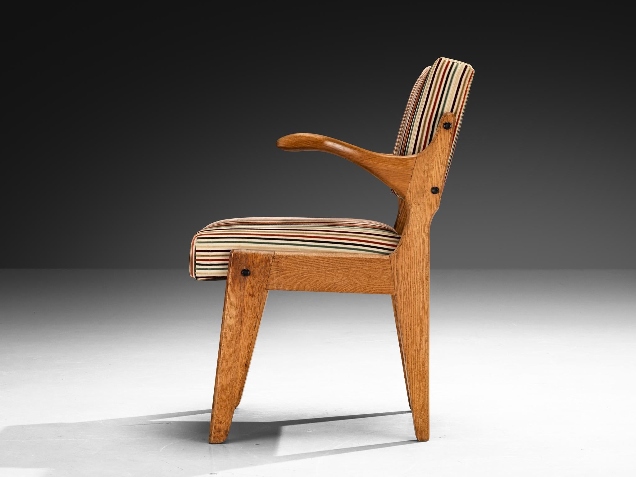 Guillerme & Chambron 'Bridge' Armchairs in Oak and Colorful Striped Fabric