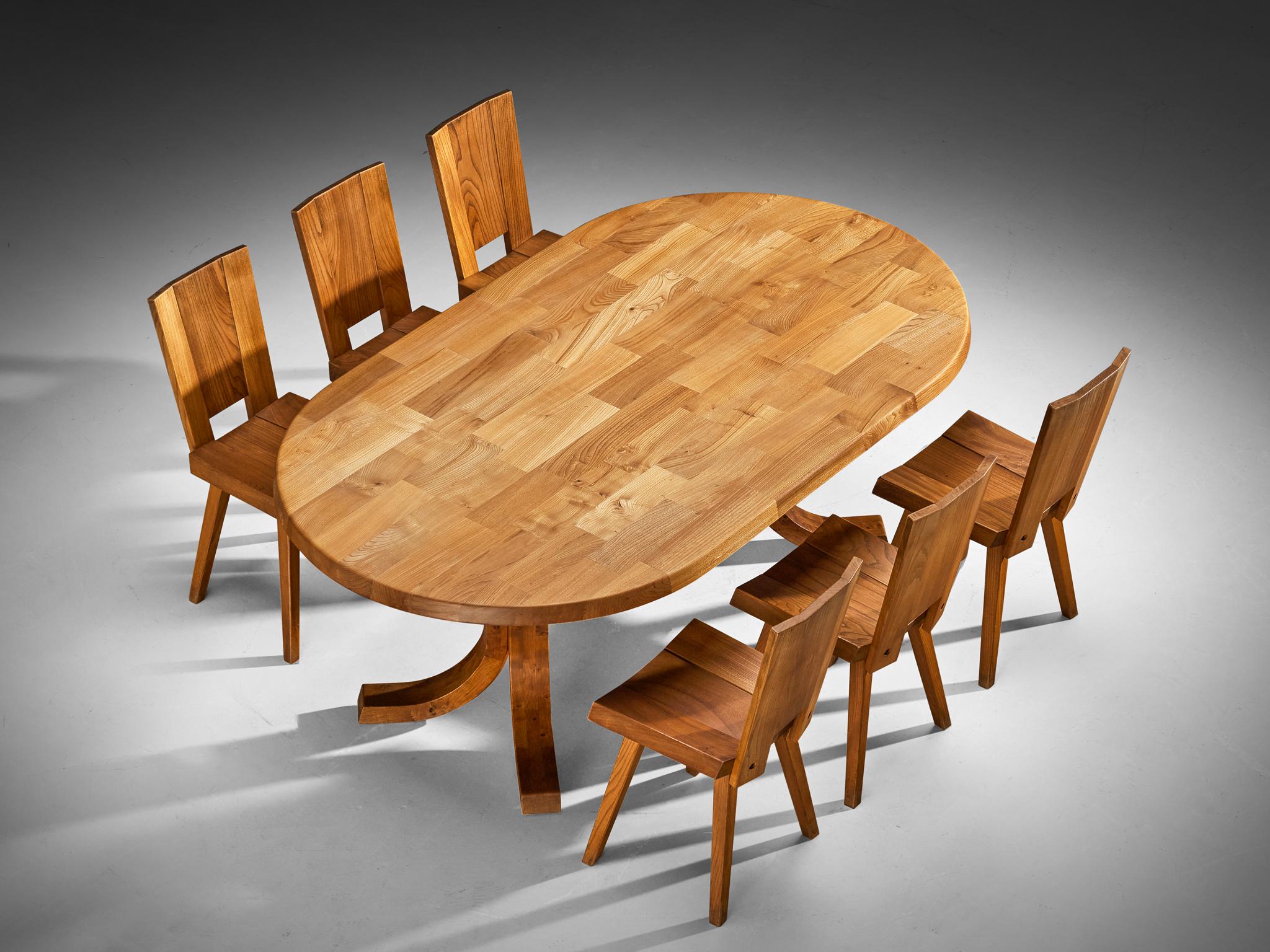 Atelier C. Demoyen Dining Set with Table and Six Chairs in Solid Elm