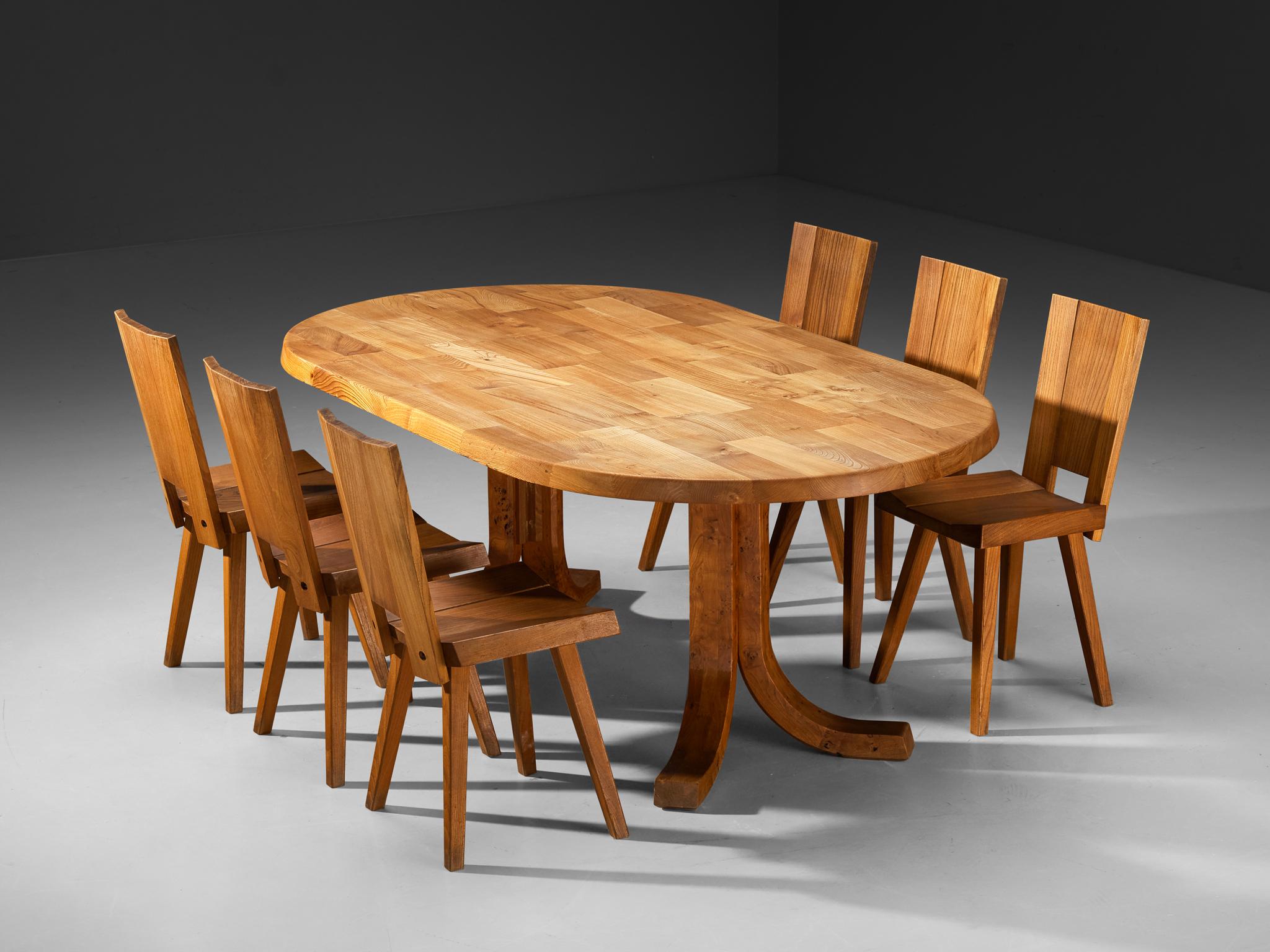 Atelier C. Demoyen Dining Set with Table and Six Chairs in Solid Elm