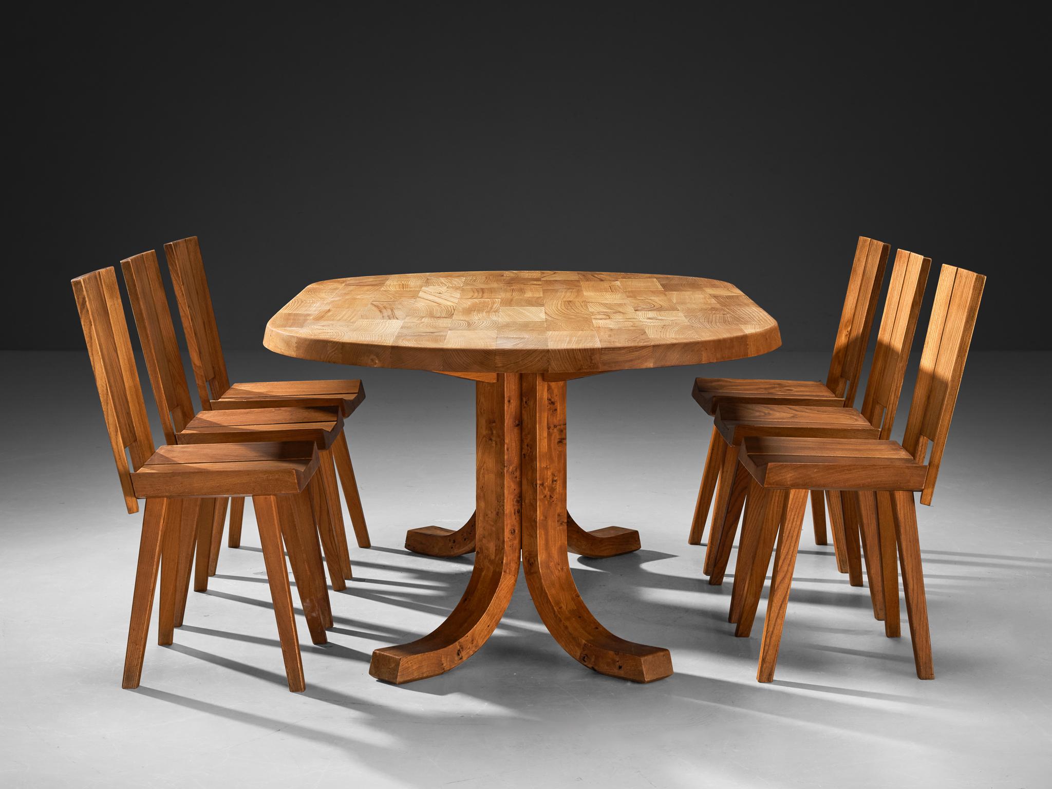 Atelier C. Demoyen Dining Set with Table and Six Chairs in Solid Elm