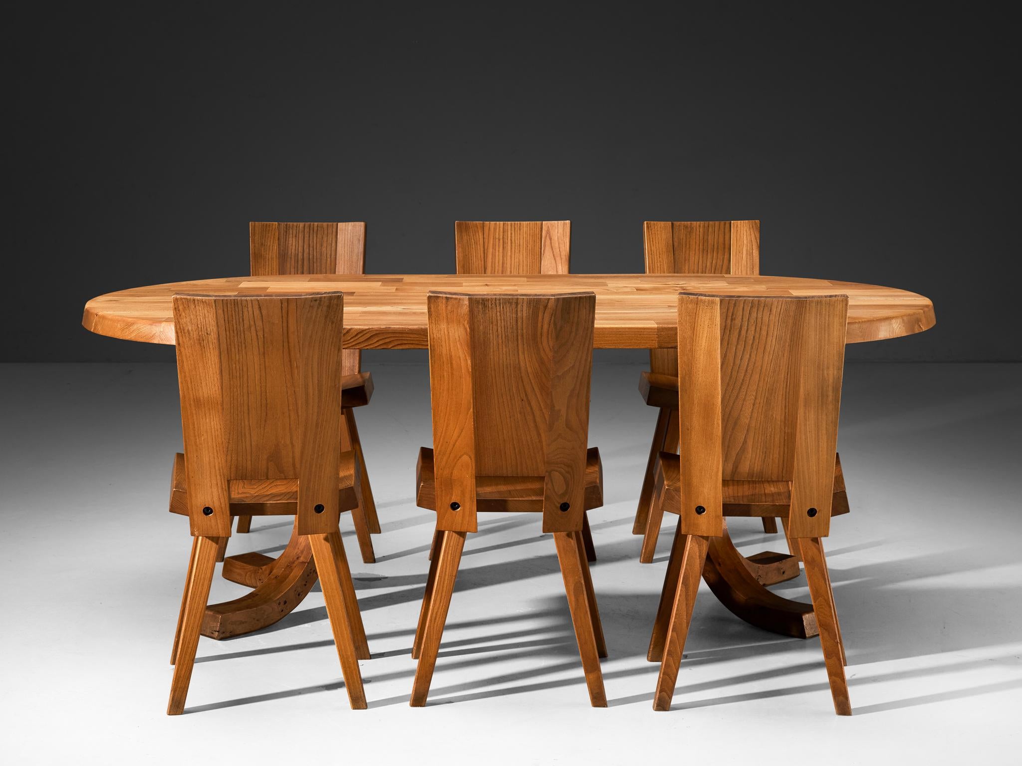 Atelier C. Demoyen Dining Set with Table and Six Chairs in Solid Elm