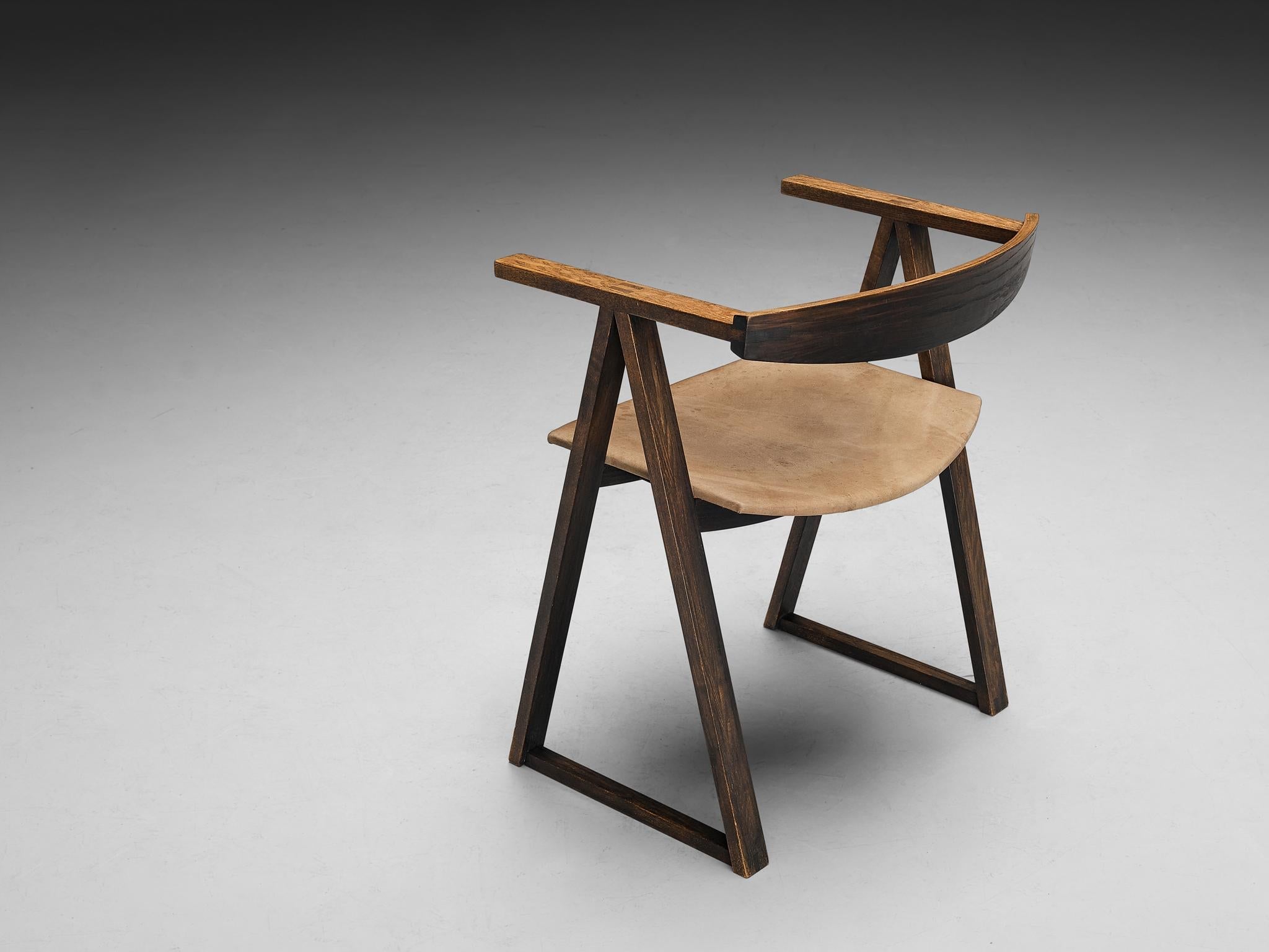 Sculptural Geometric Armchair in Ash and Light Brown Leather