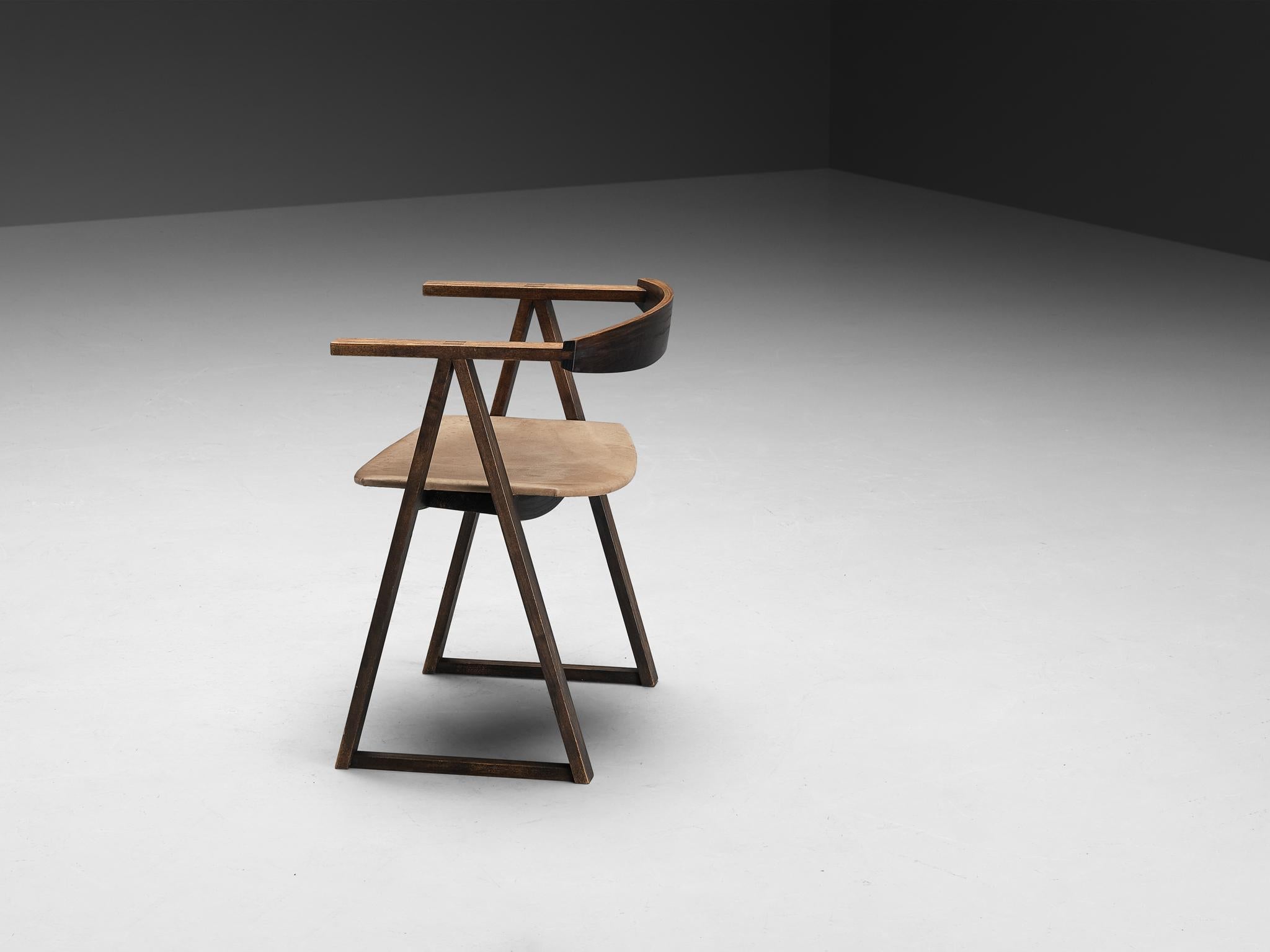 Sculptural Geometric Armchair in Ash and Light Brown Leather