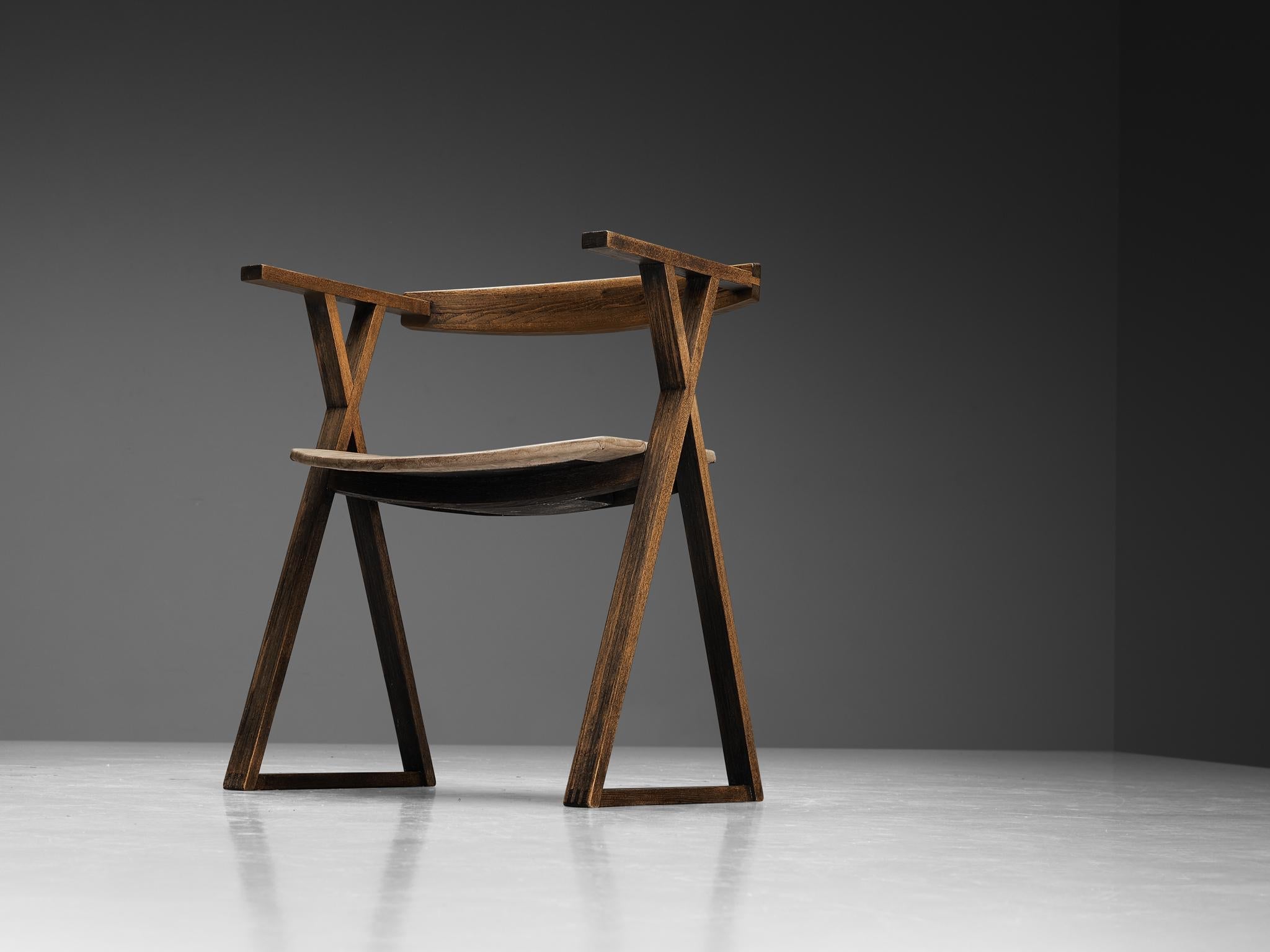 Sculptural Geometric Armchair in Ash and Light Brown Leather