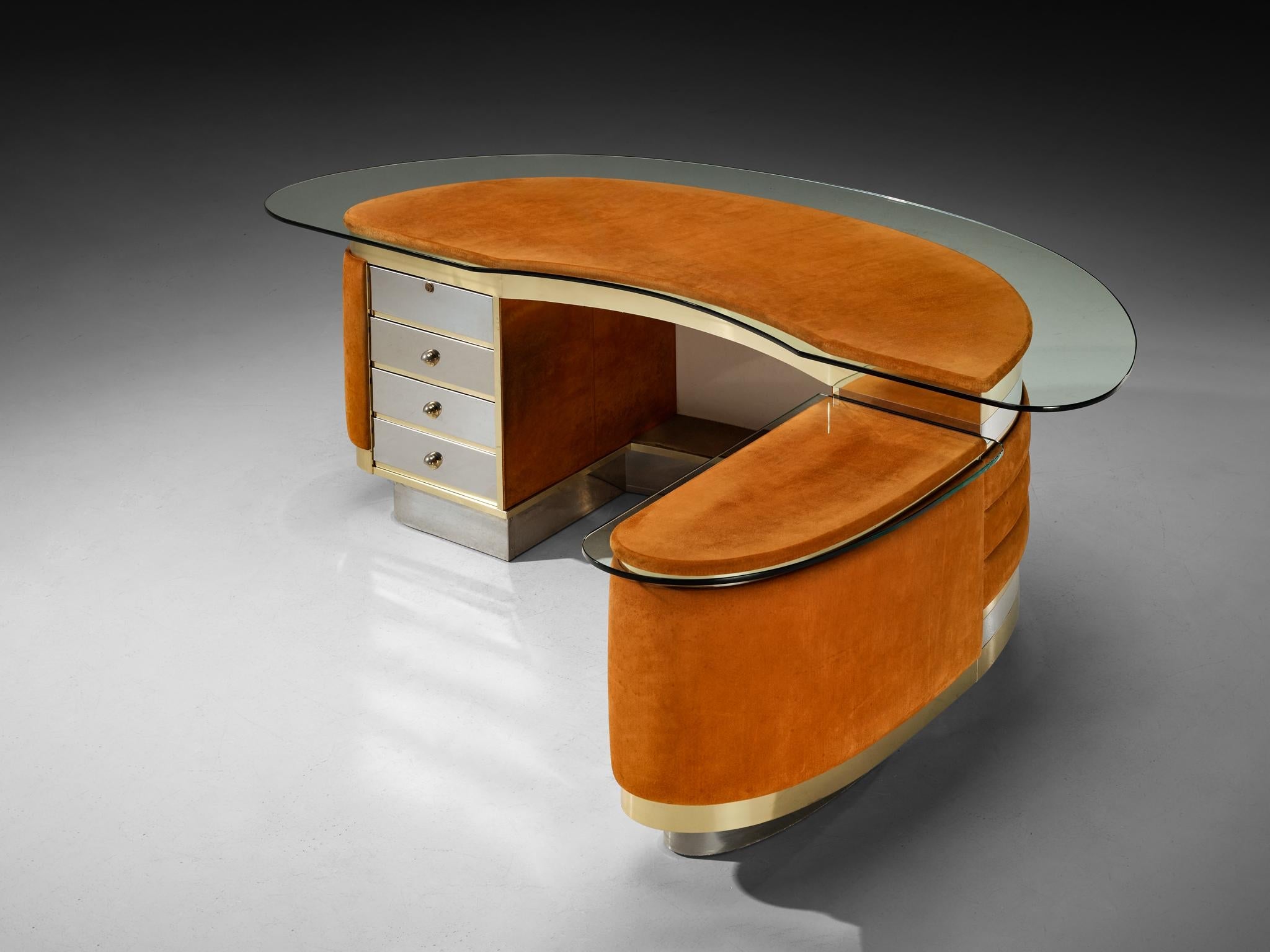 Impressive Italian Postmodern Desk with Return in Orange Nubuck Leather