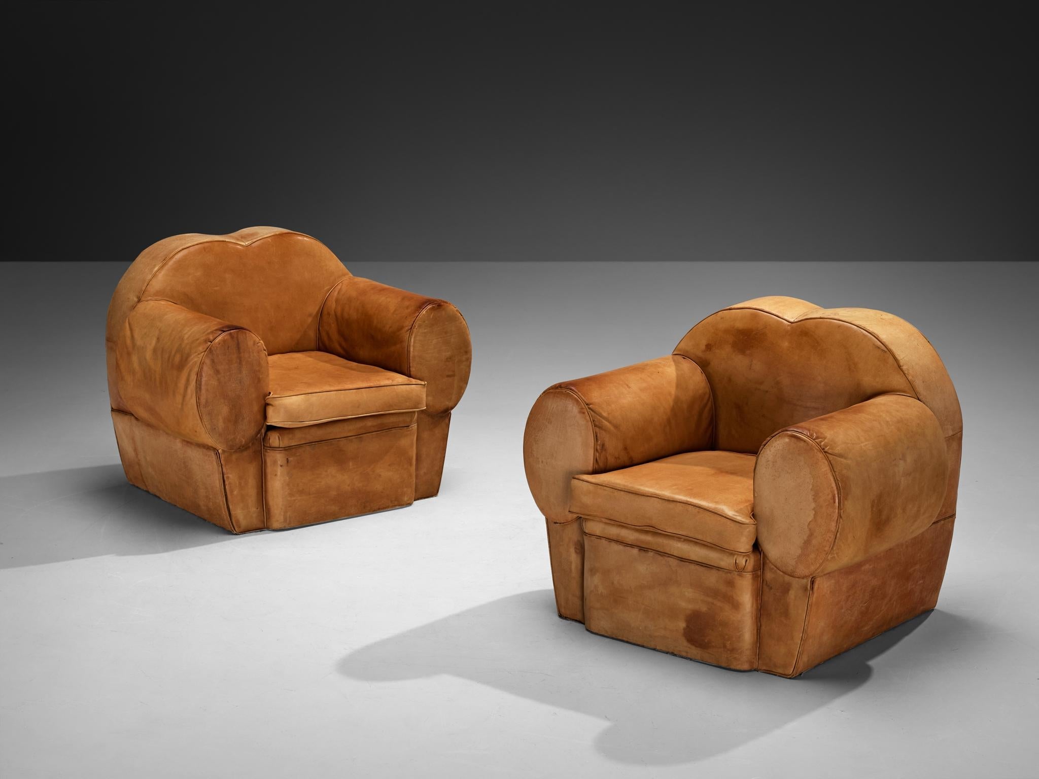 French Art Deco Pair of Lounge Chairs in Cognac Leather