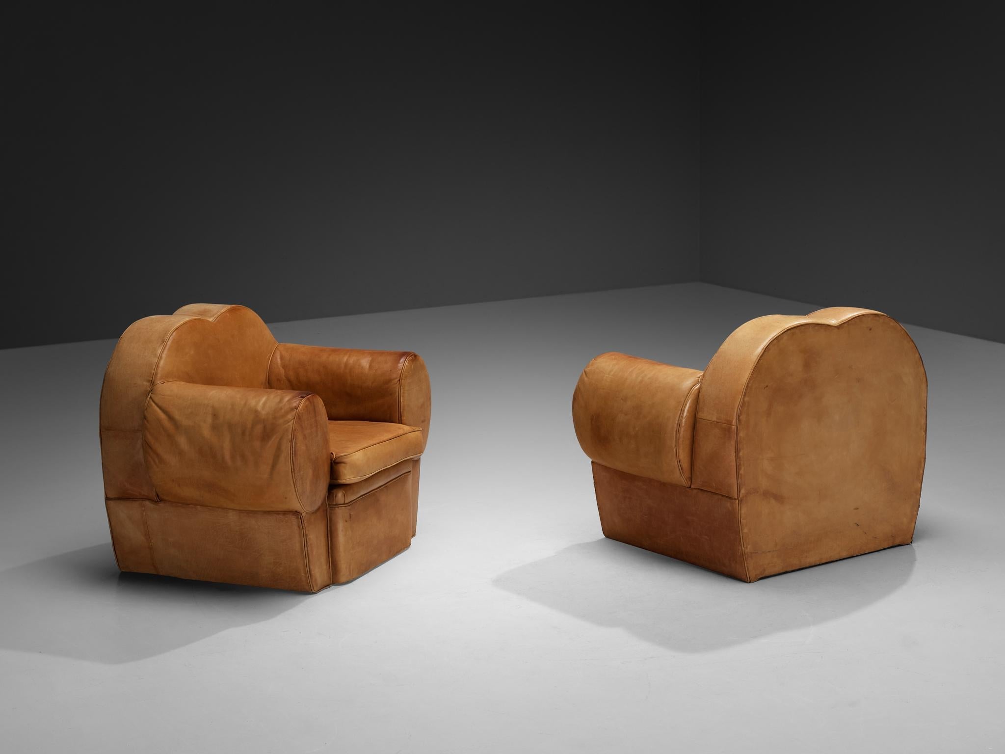 French Art Deco Pair of Lounge Chairs in Cognac Leather