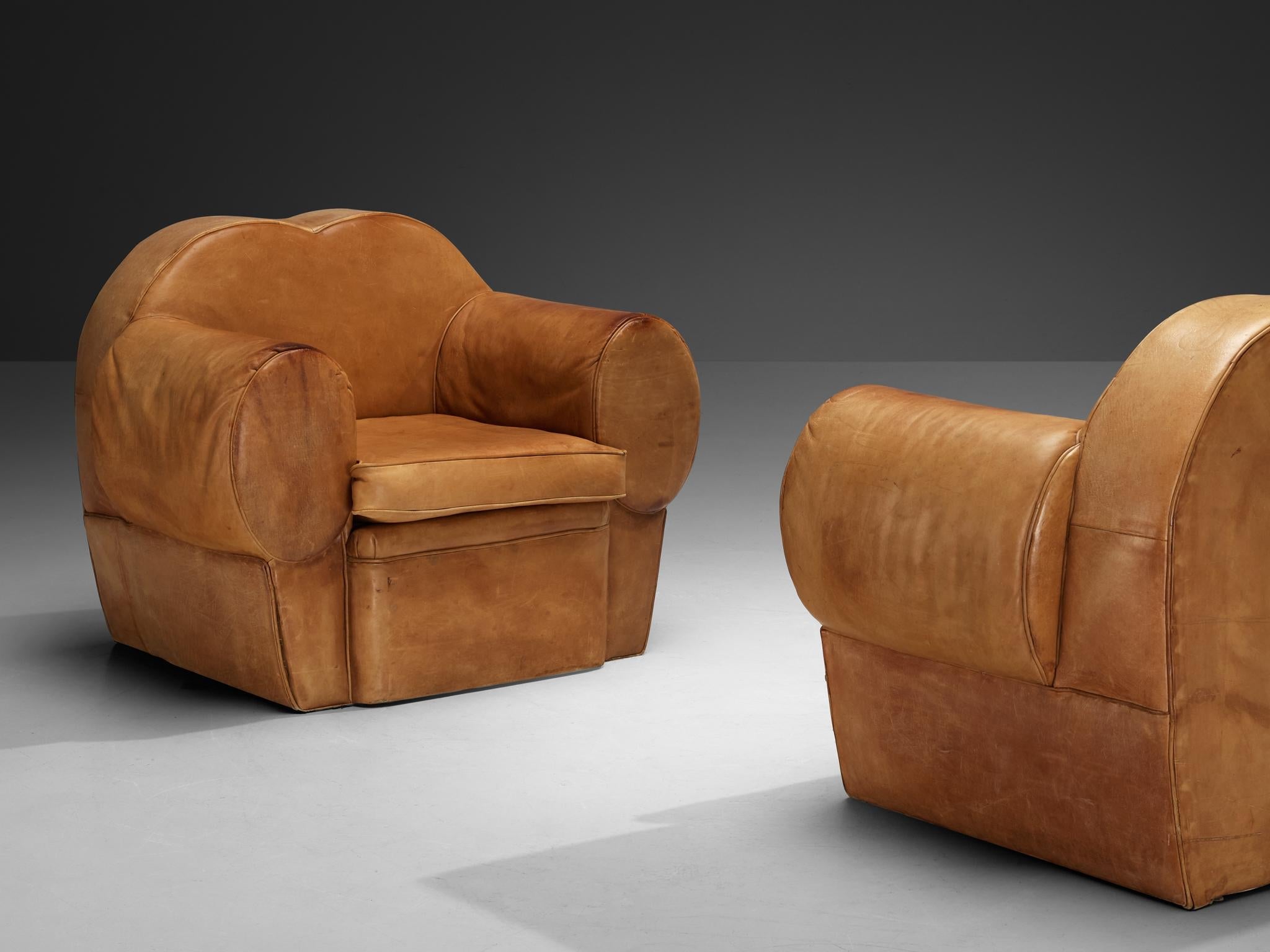 French Art Deco Pair of Lounge Chairs in Cognac Leather